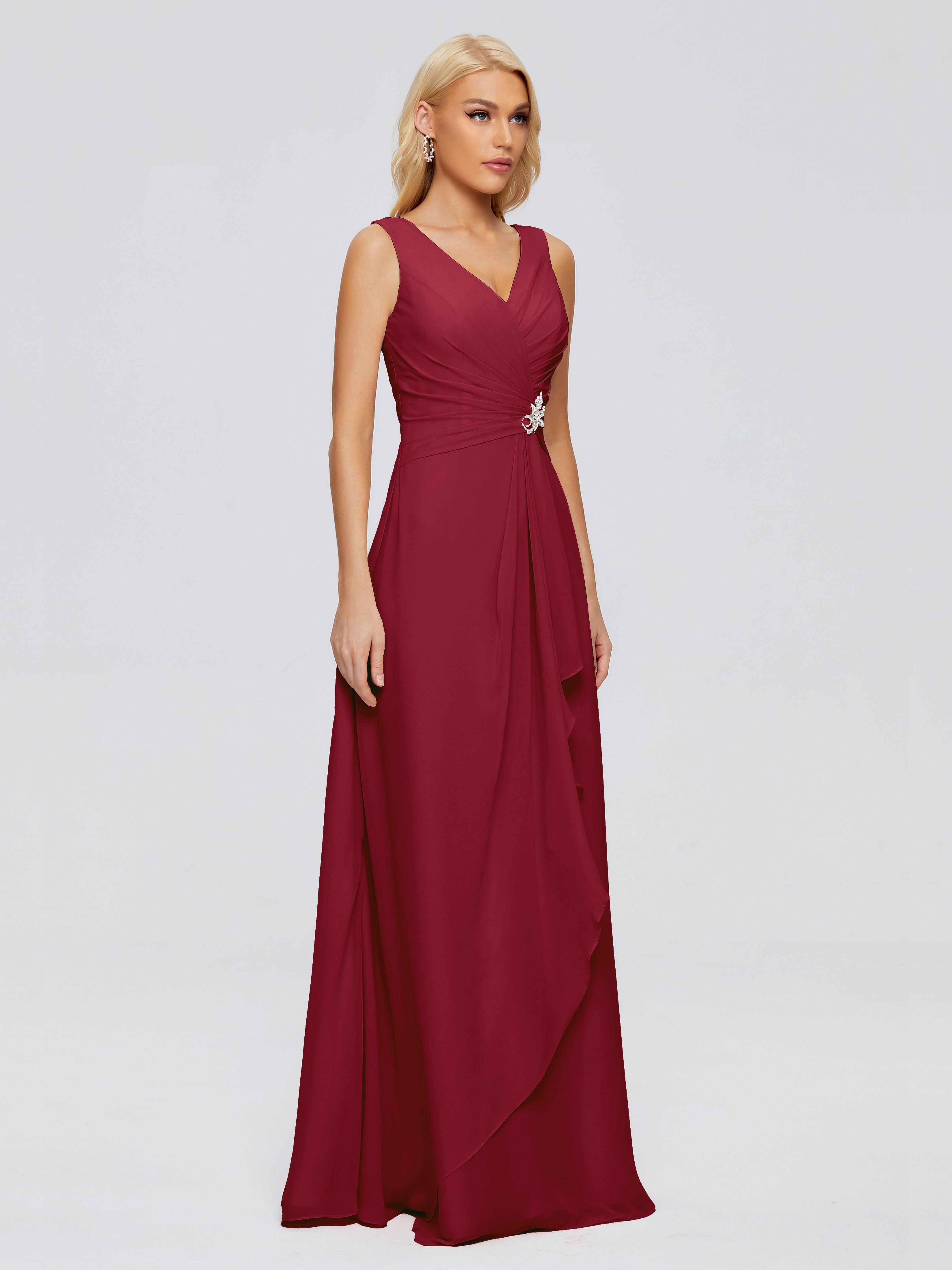 Demoiselle D Honneur Bordeaux Fourreau Col V Sans Manche Mousseline Robes Demoiselle D'Honneur