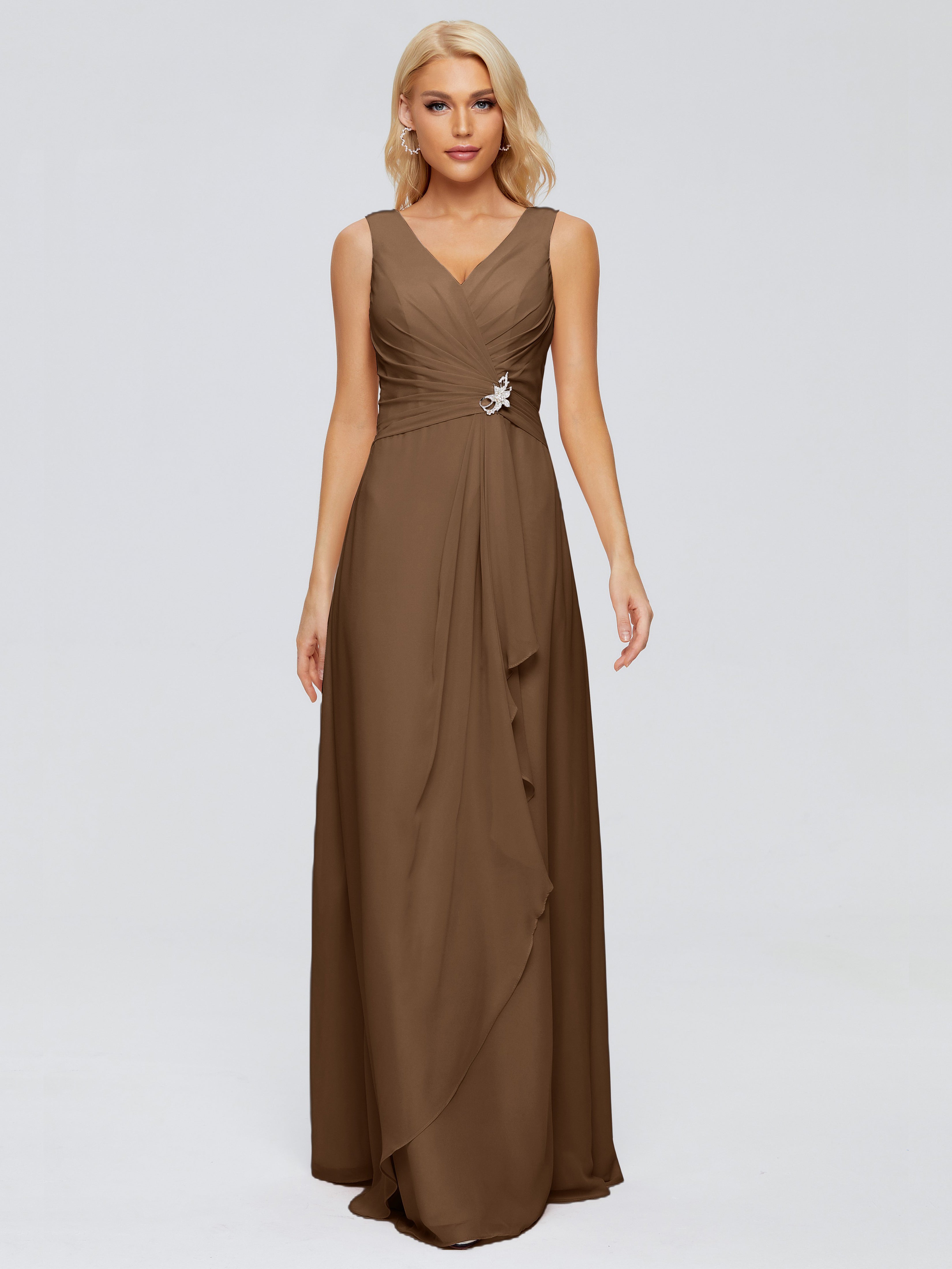 Robe Demoiselle D Honneur Brun Fourreau Col V Sans Manche Mousseline Robes Demoiselle D'Honneur