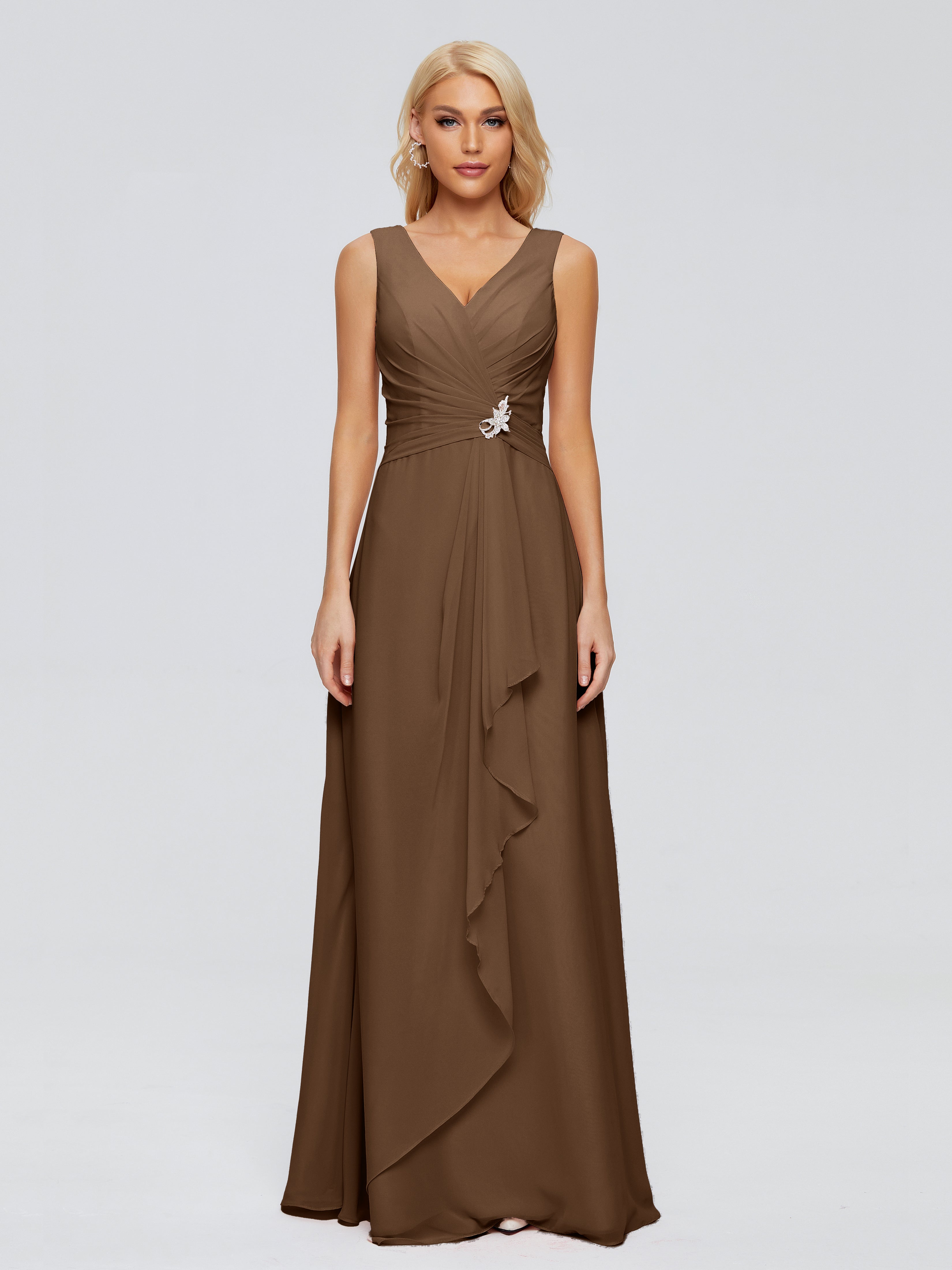 Robe Demoiselle D Honneur Brun Fourreau Col V Sans Manche Mousseline Robes Demoiselle D'Honneur