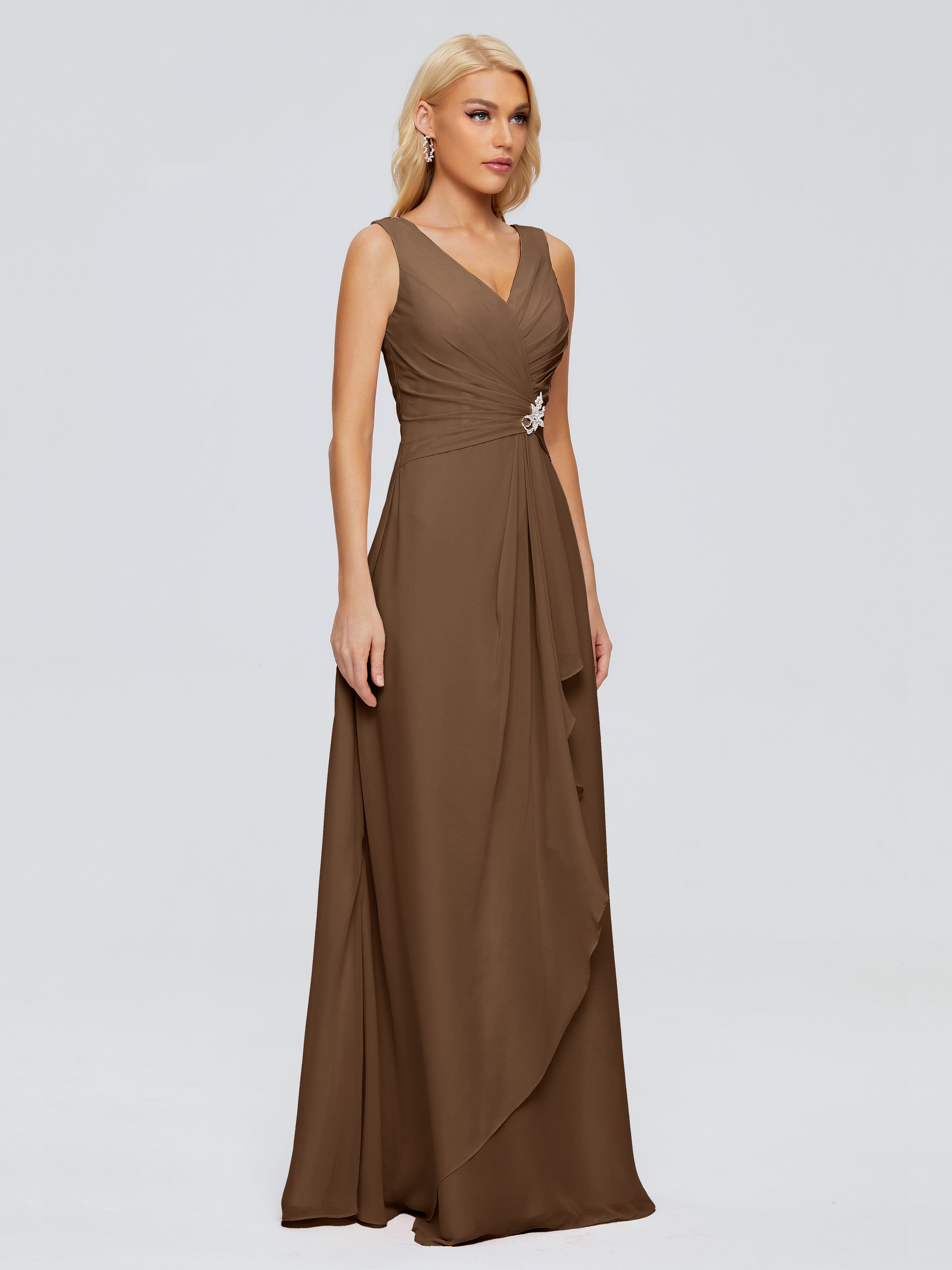 Robe Demoiselle D Honneur Brun Fourreau Col V Sans Manche Mousseline Robes Demoiselle D'Honneur