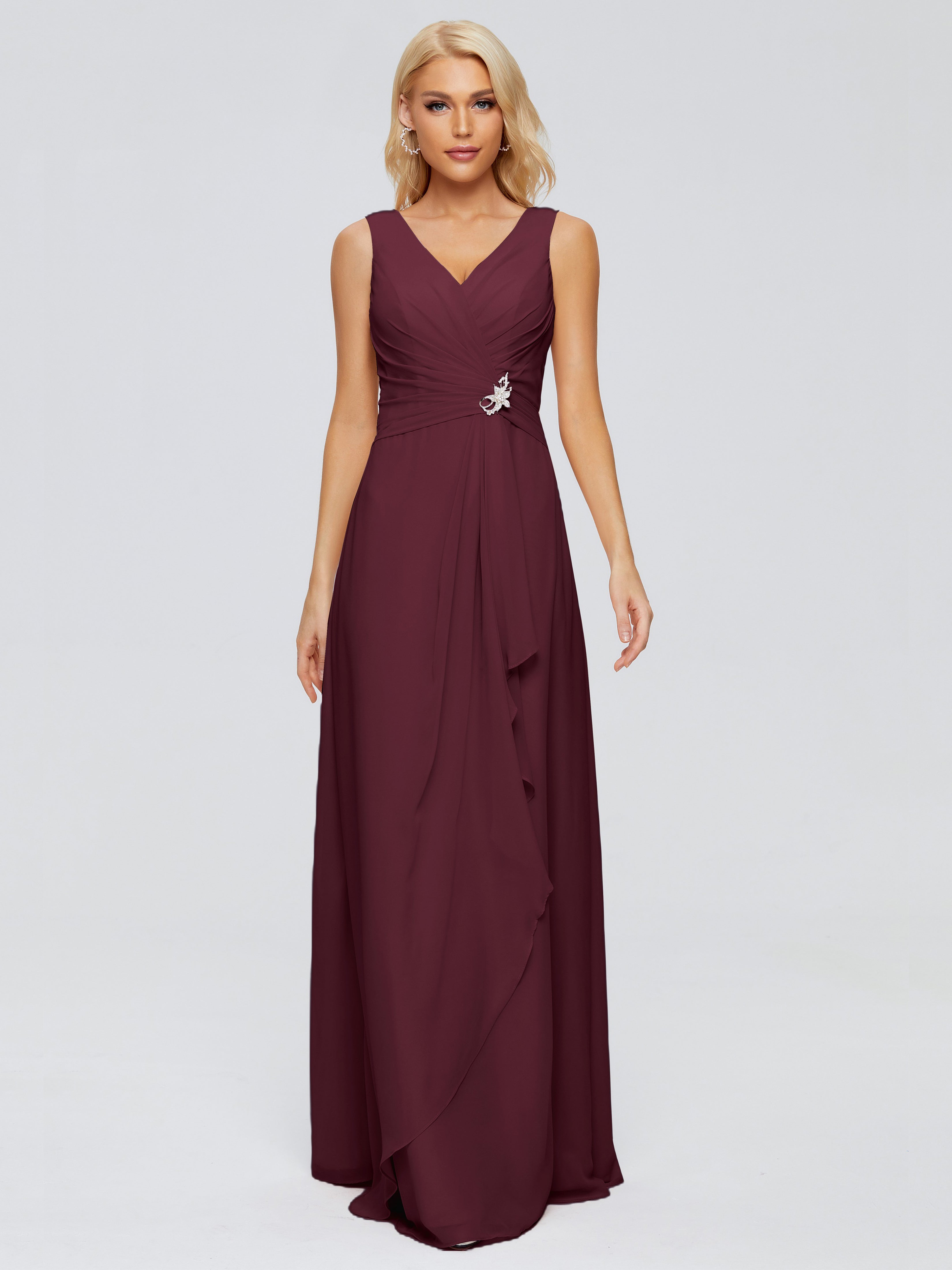 Robes De Demoiselle D'Honneur Cabernet Fourreau Col V Sans Manche Mousseline Robes Demoiselle D'Honneur