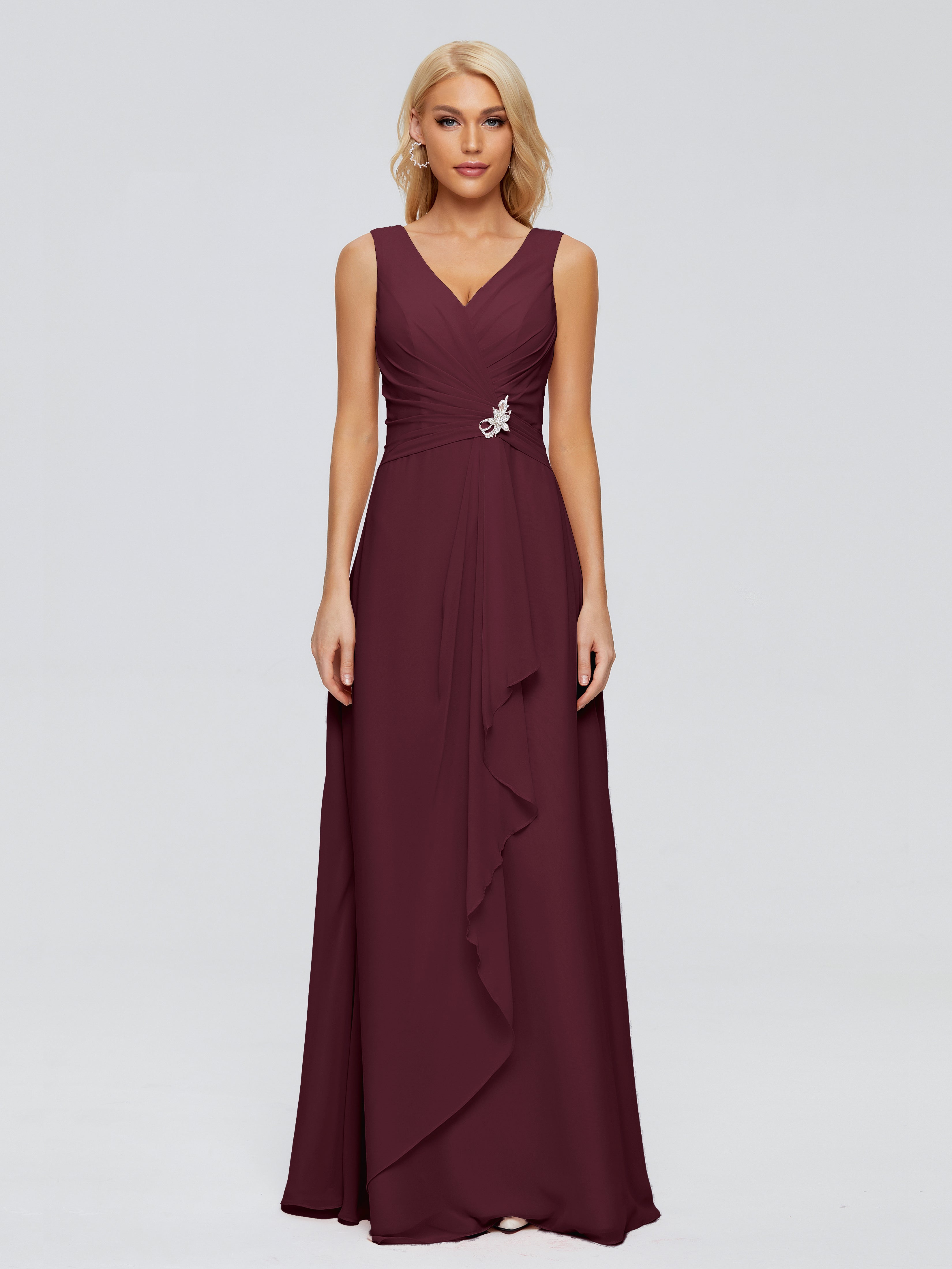 Robes De Demoiselle D'Honneur Cabernet Fourreau Col V Sans Manche Mousseline Robes Demoiselle D'Honneur