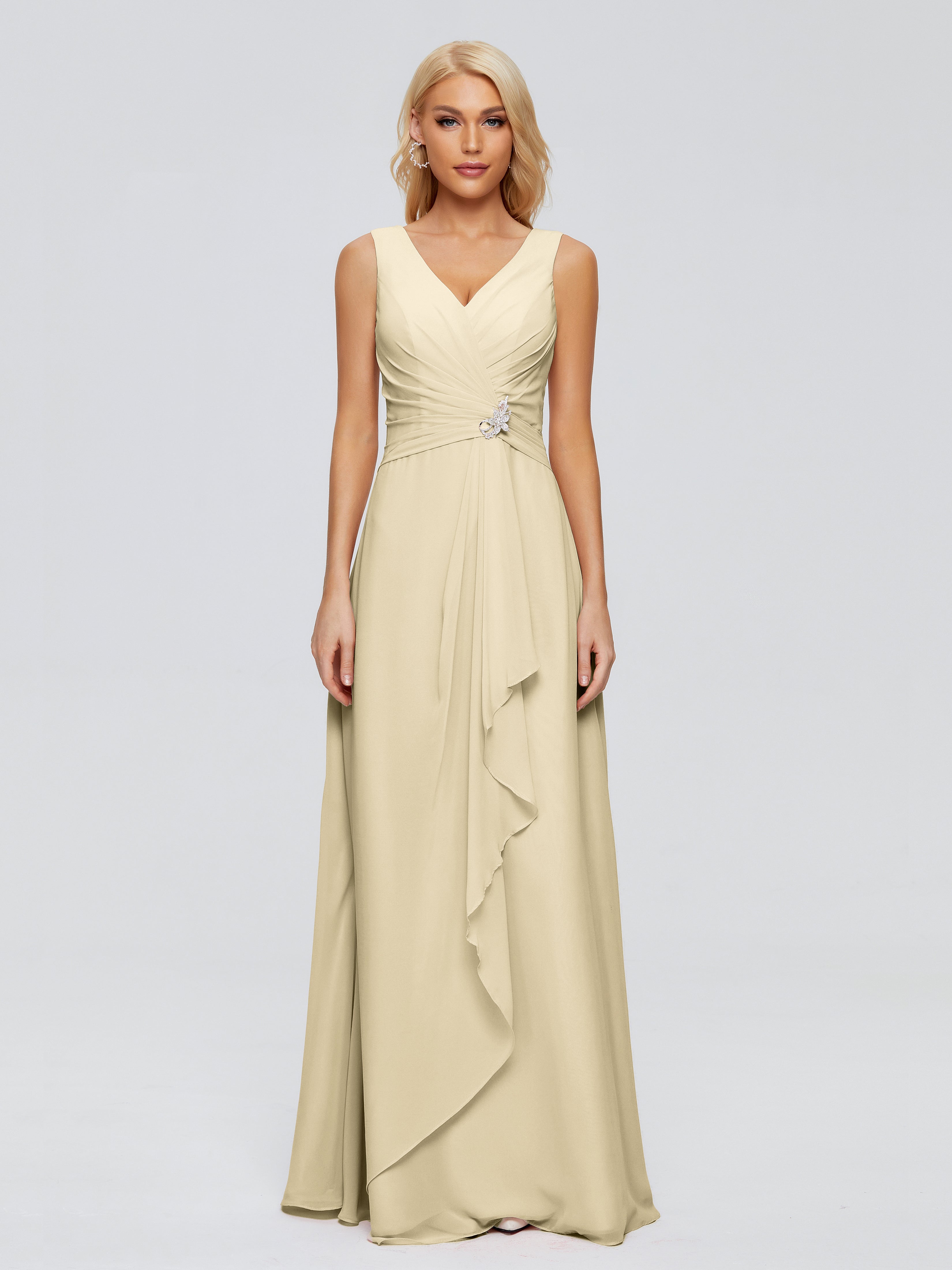 Robes Demoiselle D Honneur Champagne Fourreau Col V Sans Manche Mousseline Robes Demoiselle D'Honneur