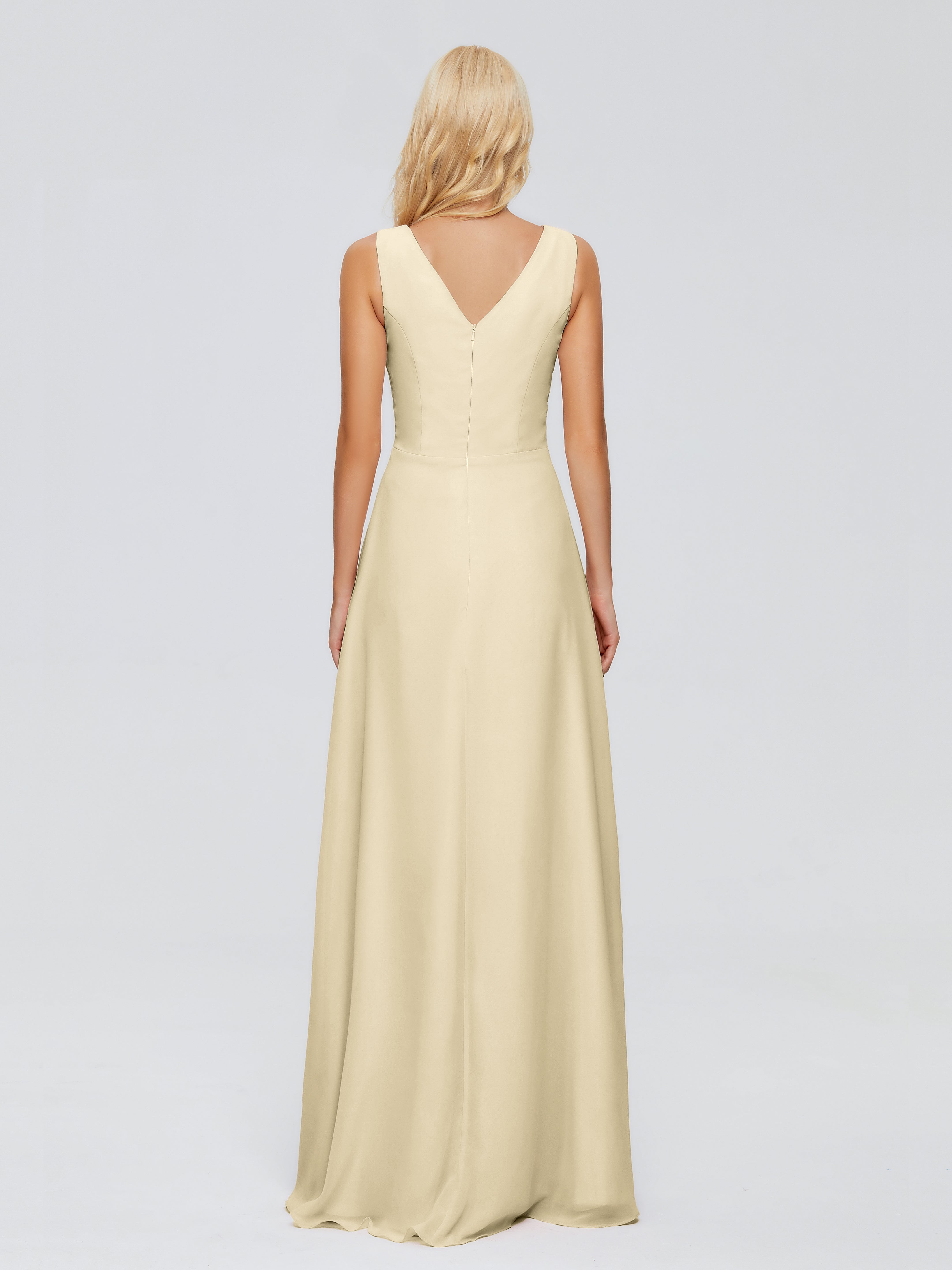 Robes Demoiselle D Honneur Champagne Fourreau Col V Sans Manche Mousseline Robes Demoiselle D'Honneur