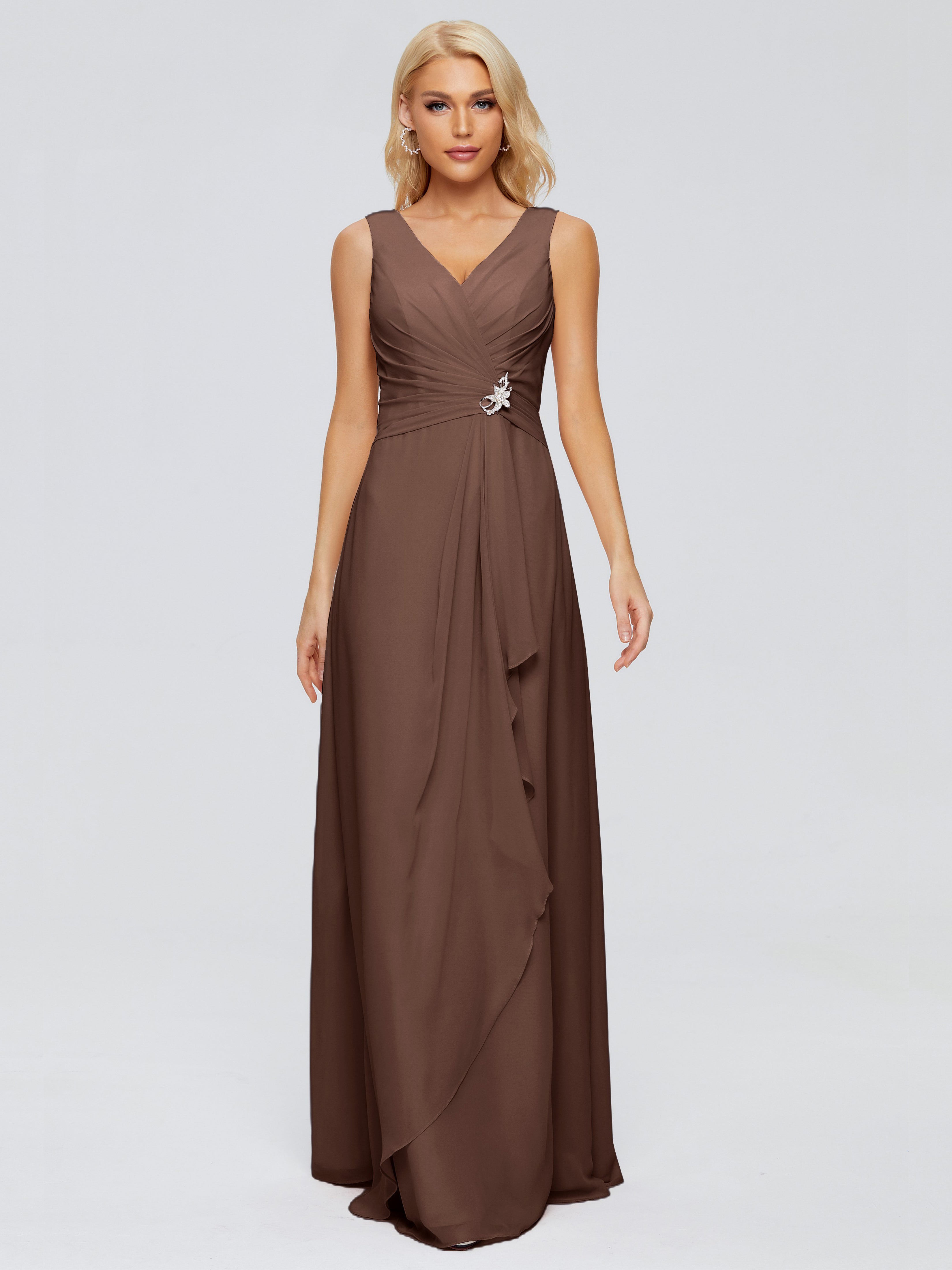 Robe Demoiselle D Honneur Chocolat Fourreau Col V Sans Manche Mousseline Robes Demoiselle D'Honneur