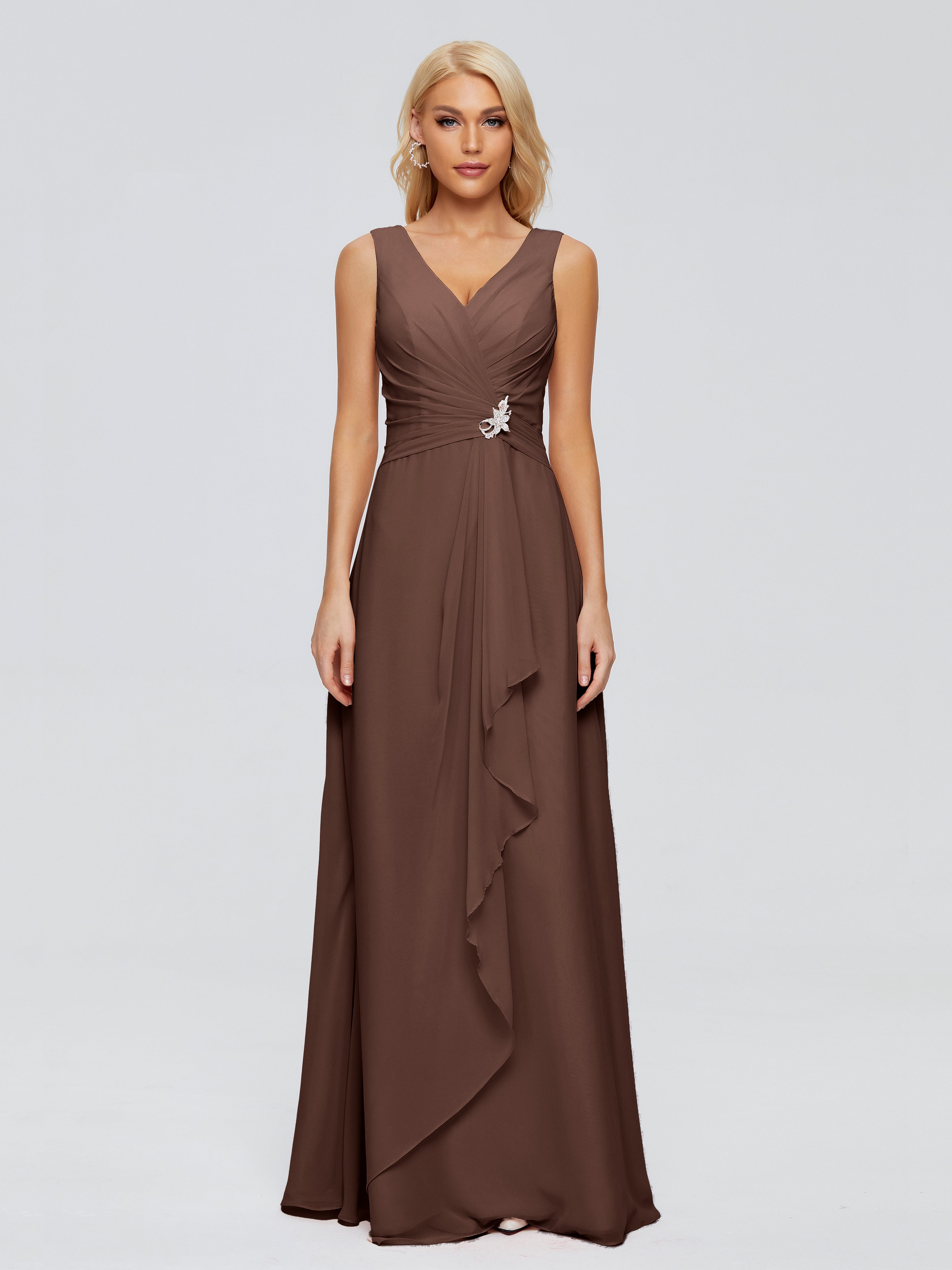 Robe Demoiselle D Honneur Chocolat Fourreau Col V Sans Manche Mousseline Robes Demoiselle D'Honneur