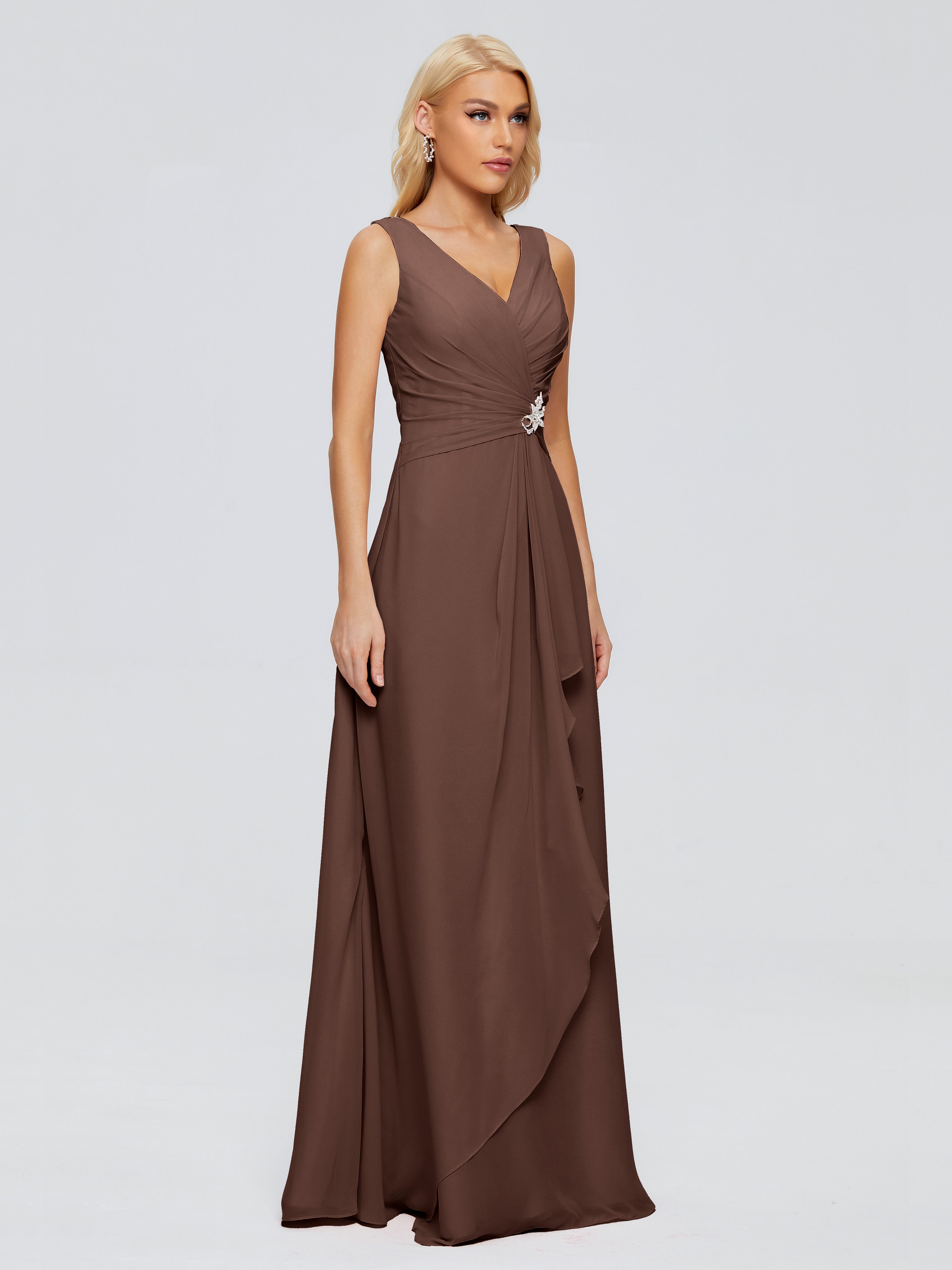 Robe Demoiselle D Honneur Chocolat Fourreau Col V Sans Manche Mousseline Robes Demoiselle D'Honneur
