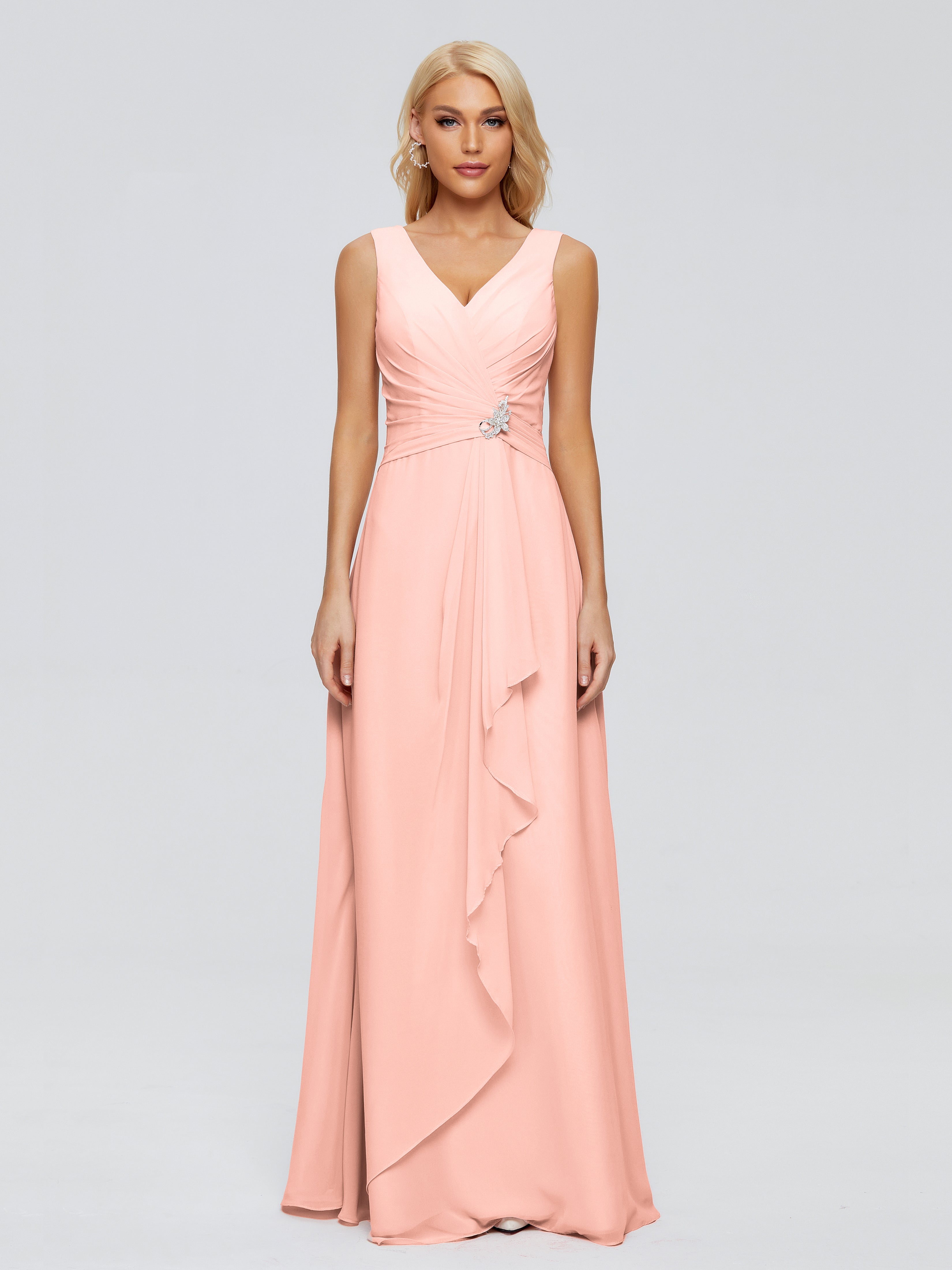 Robes De Demoiselle D Honneur Corail Fourreau Col V Sans Manche Mousseline Robes Demoiselle D'Honneur