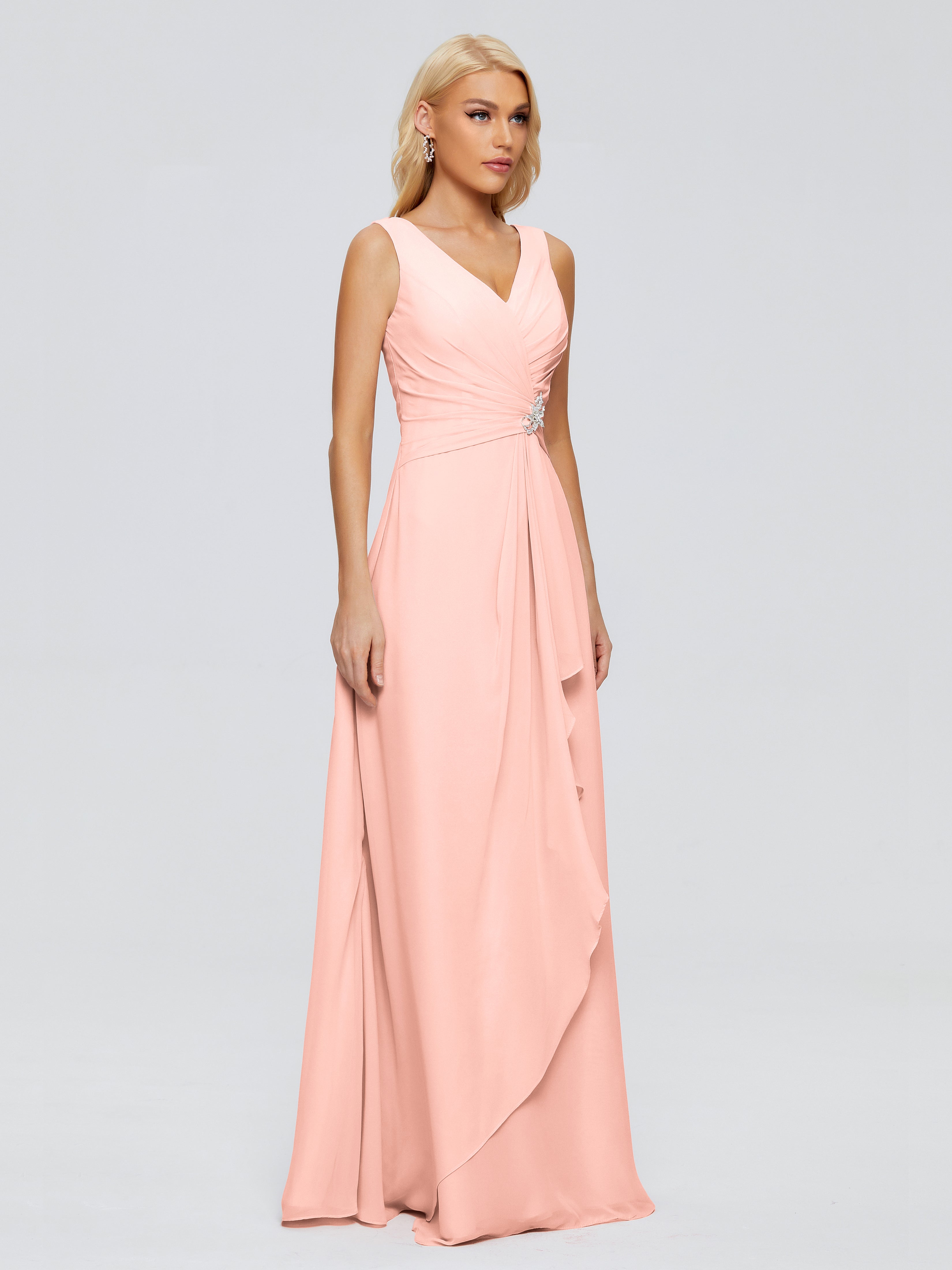 Robes De Demoiselle D Honneur Corail Fourreau Col V Sans Manche Mousseline Robes Demoiselle D'Honneur