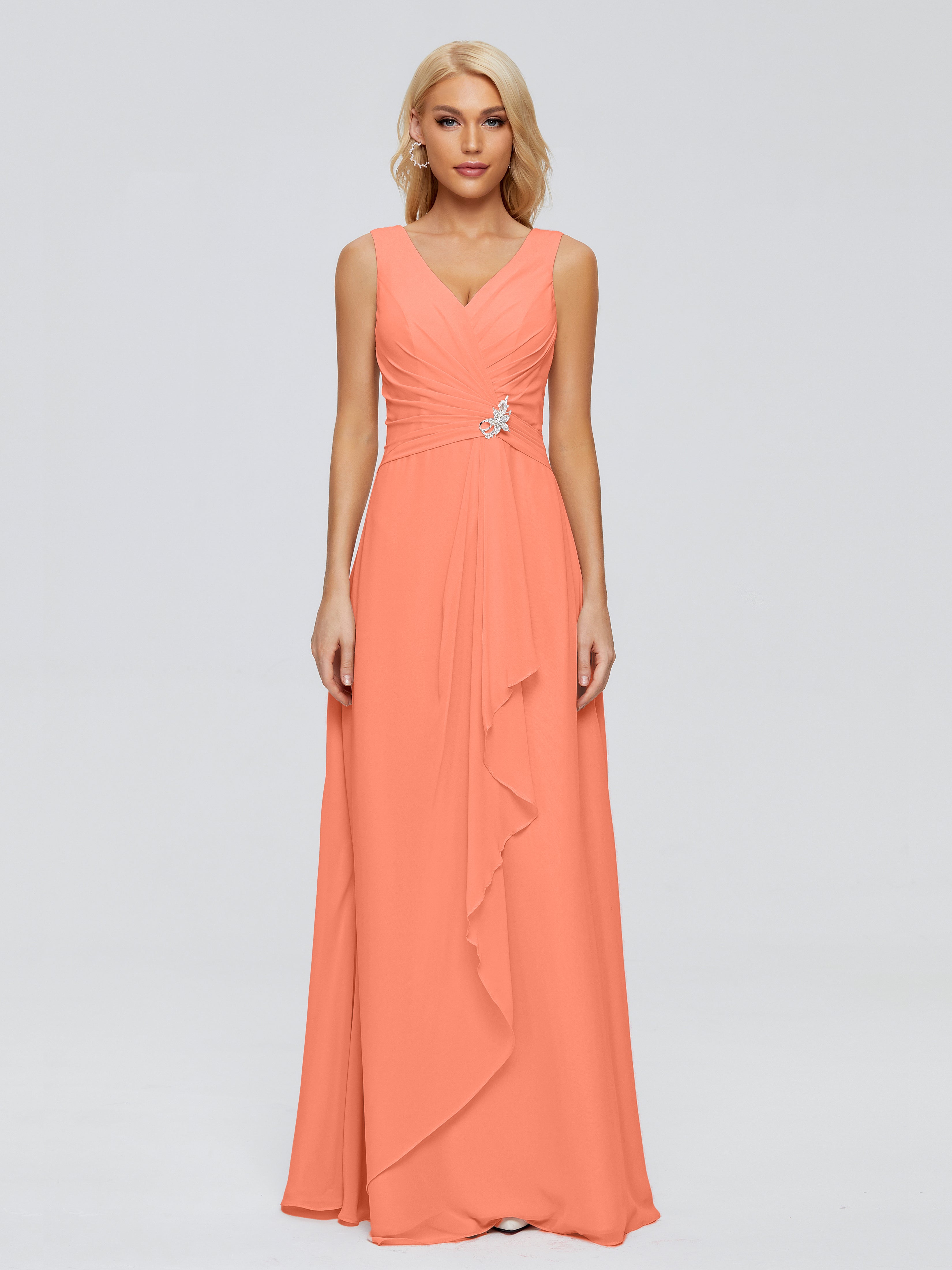 Robes De Demoiselle D'Honneur Coucher De Soleil Fourreau Col V Sans Manche Mousseline Robes Demoiselle D'Honneur