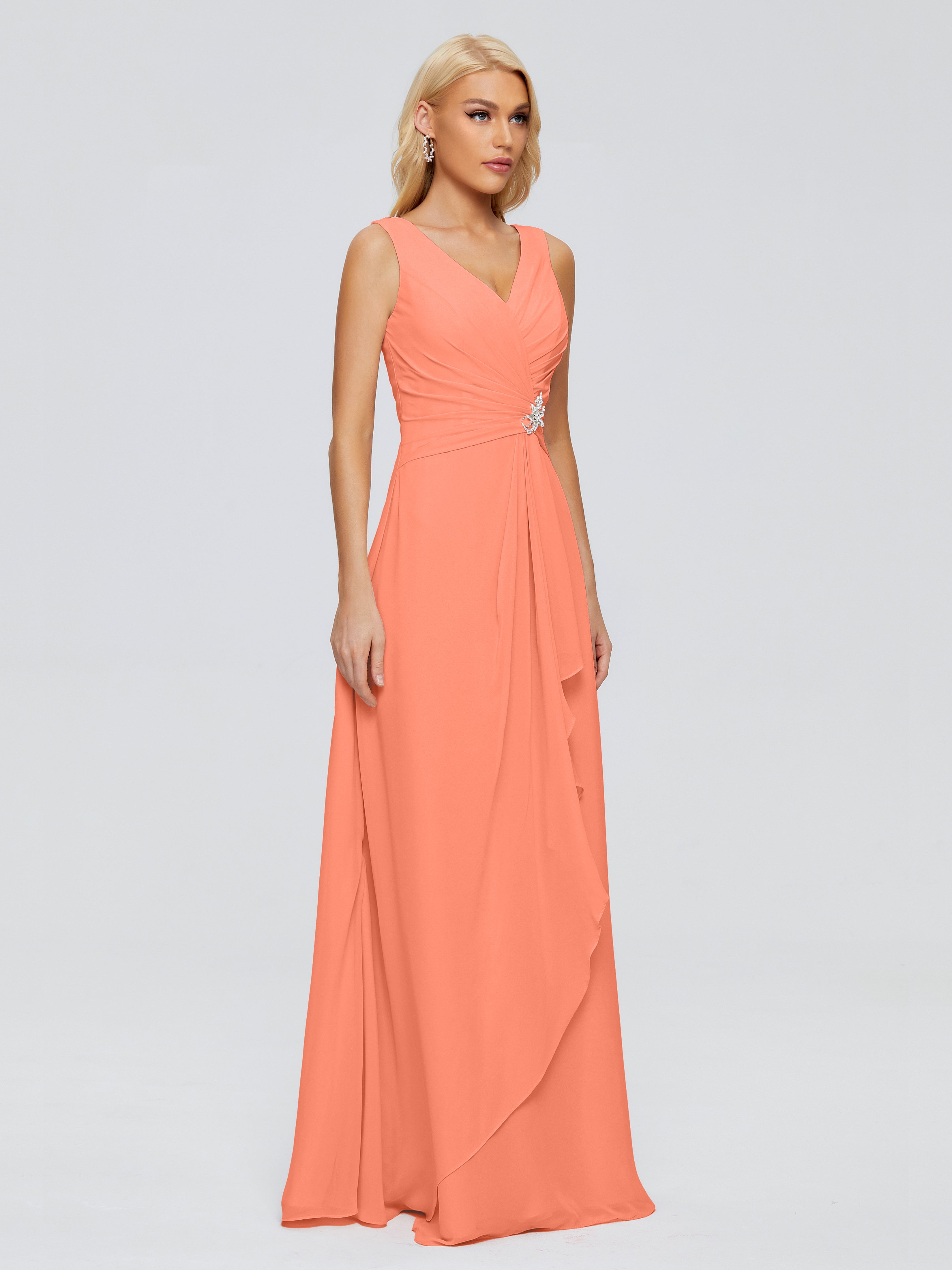Robes De Demoiselle D'Honneur Coucher De Soleil Fourreau Col V Sans Manche Mousseline Robes Demoiselle D'Honneur
