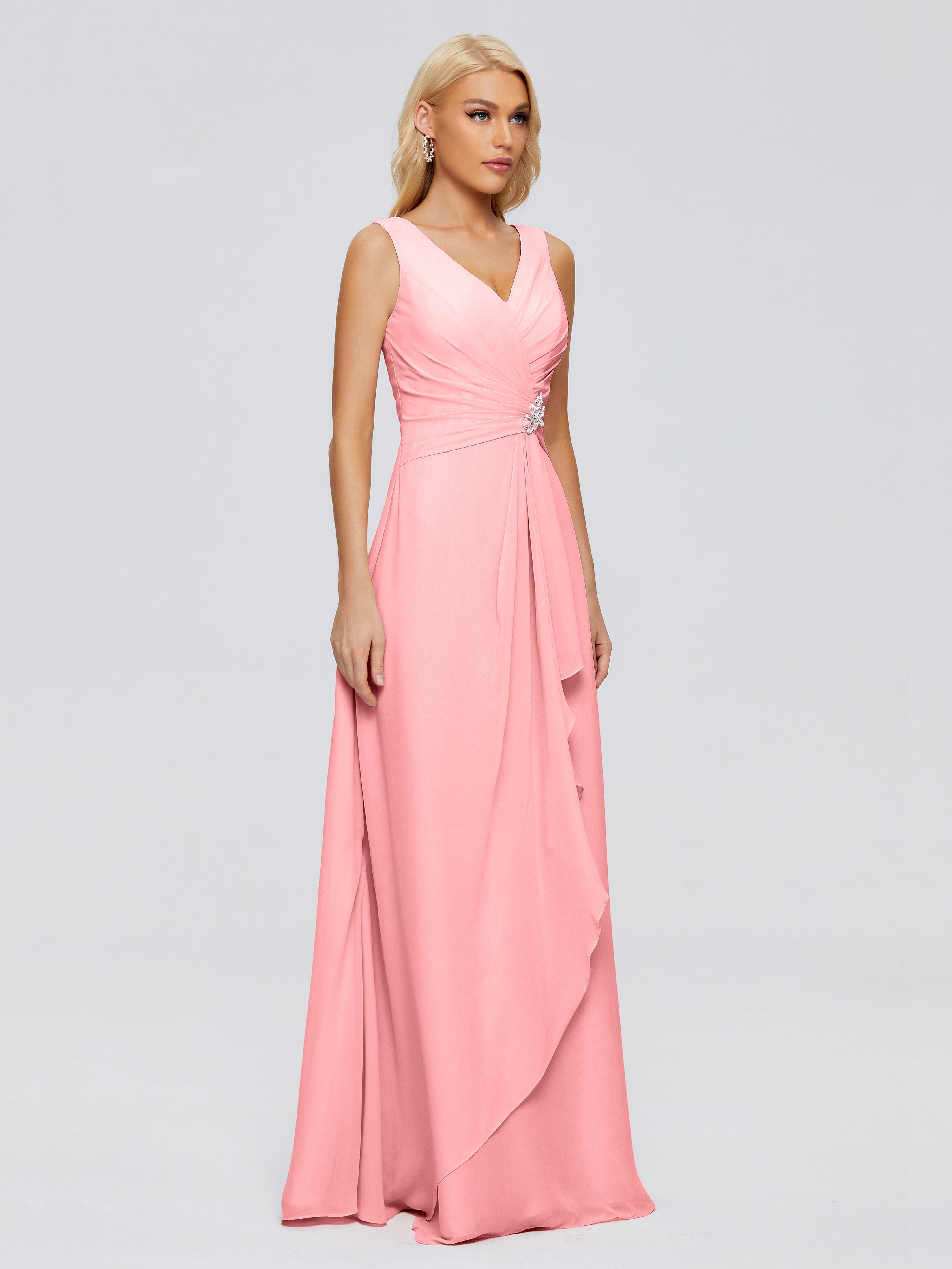 Robes De Demoiselle D'Honneur Flamant Fourreau Col V Sans Manche Mousseline Robes Demoiselle D'Honneur