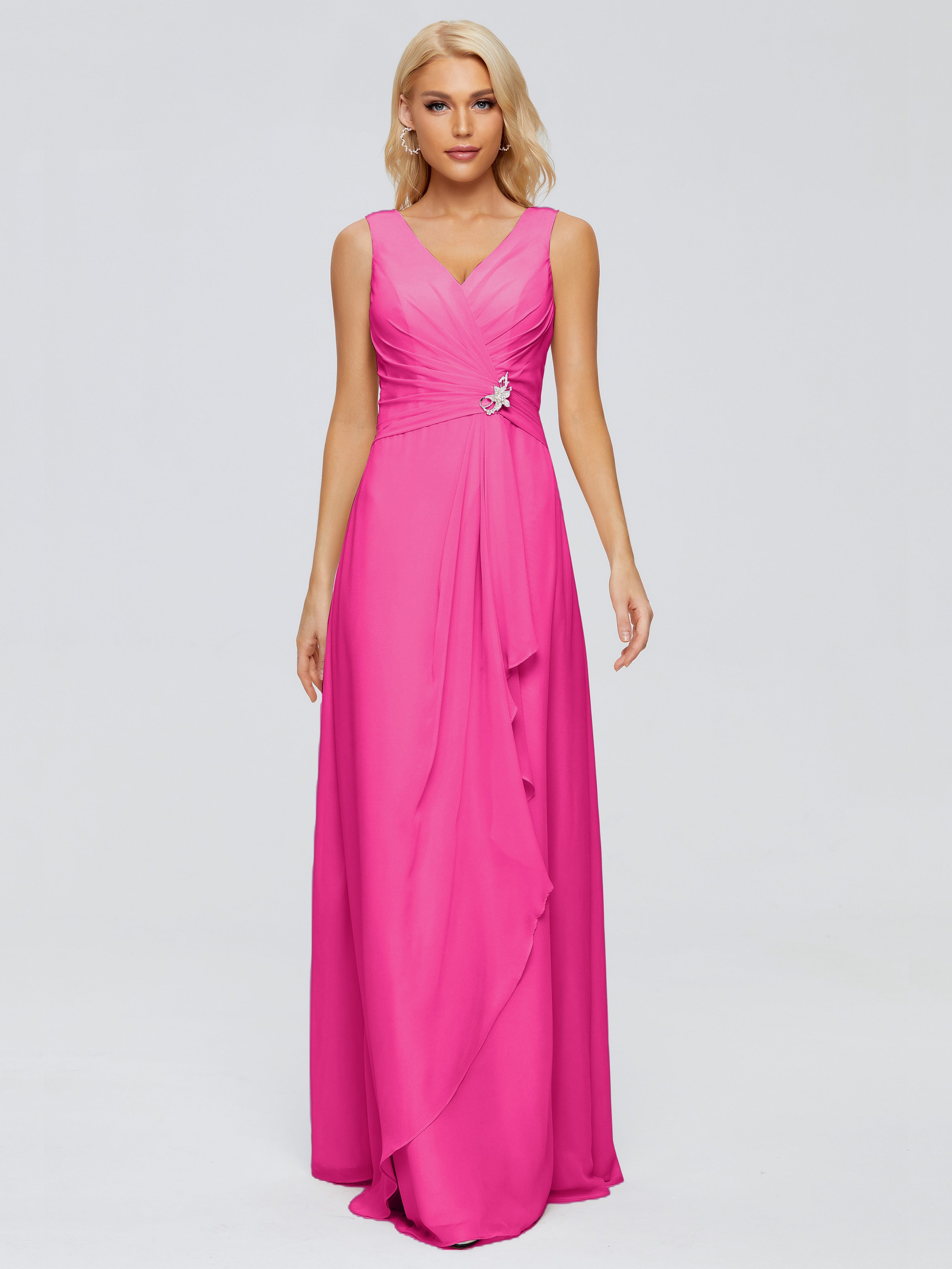 Robe Demoiselle D Honneur Fuchsia Fourreau Col V Sans Manche Mousseline Robes Demoiselle D'Honneur