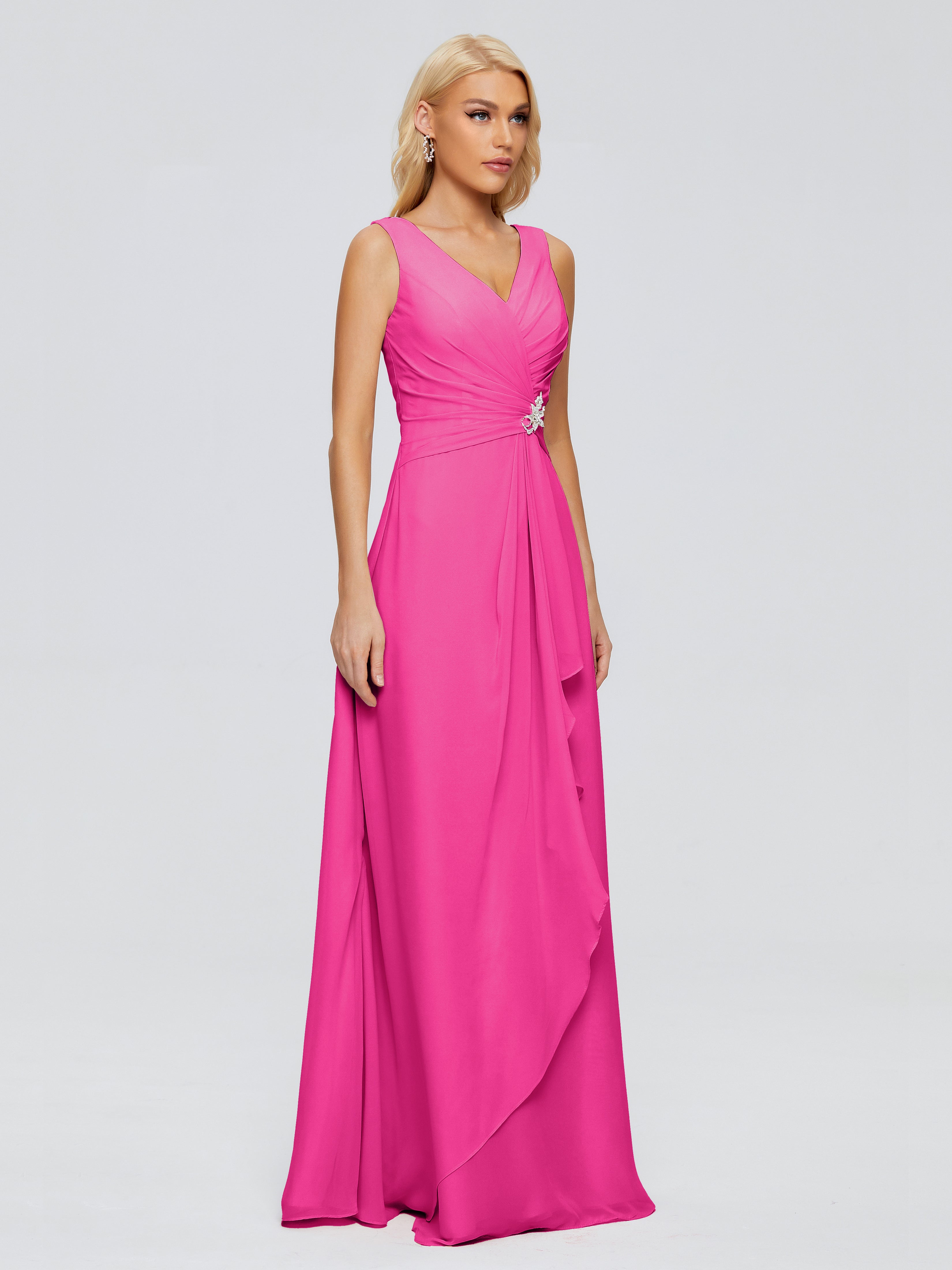 Robe Demoiselle D Honneur Fuchsia Fourreau Col V Sans Manche Mousseline Robes Demoiselle D'Honneur