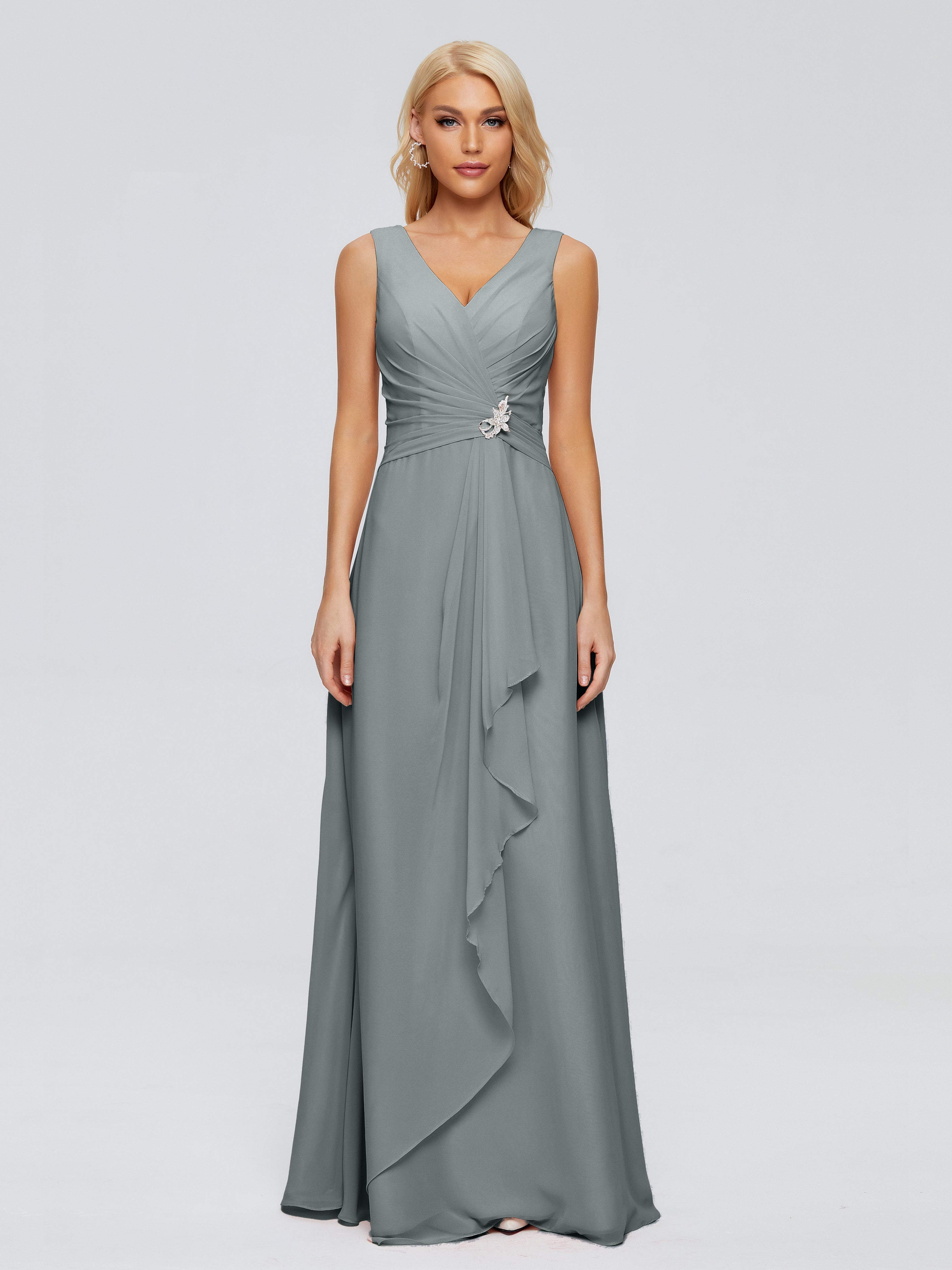 Robe Demoiselle D Honneur Gris Argenté Fourreau Col V Sans Manche Mousseline Robes Demoiselle D'Honneur