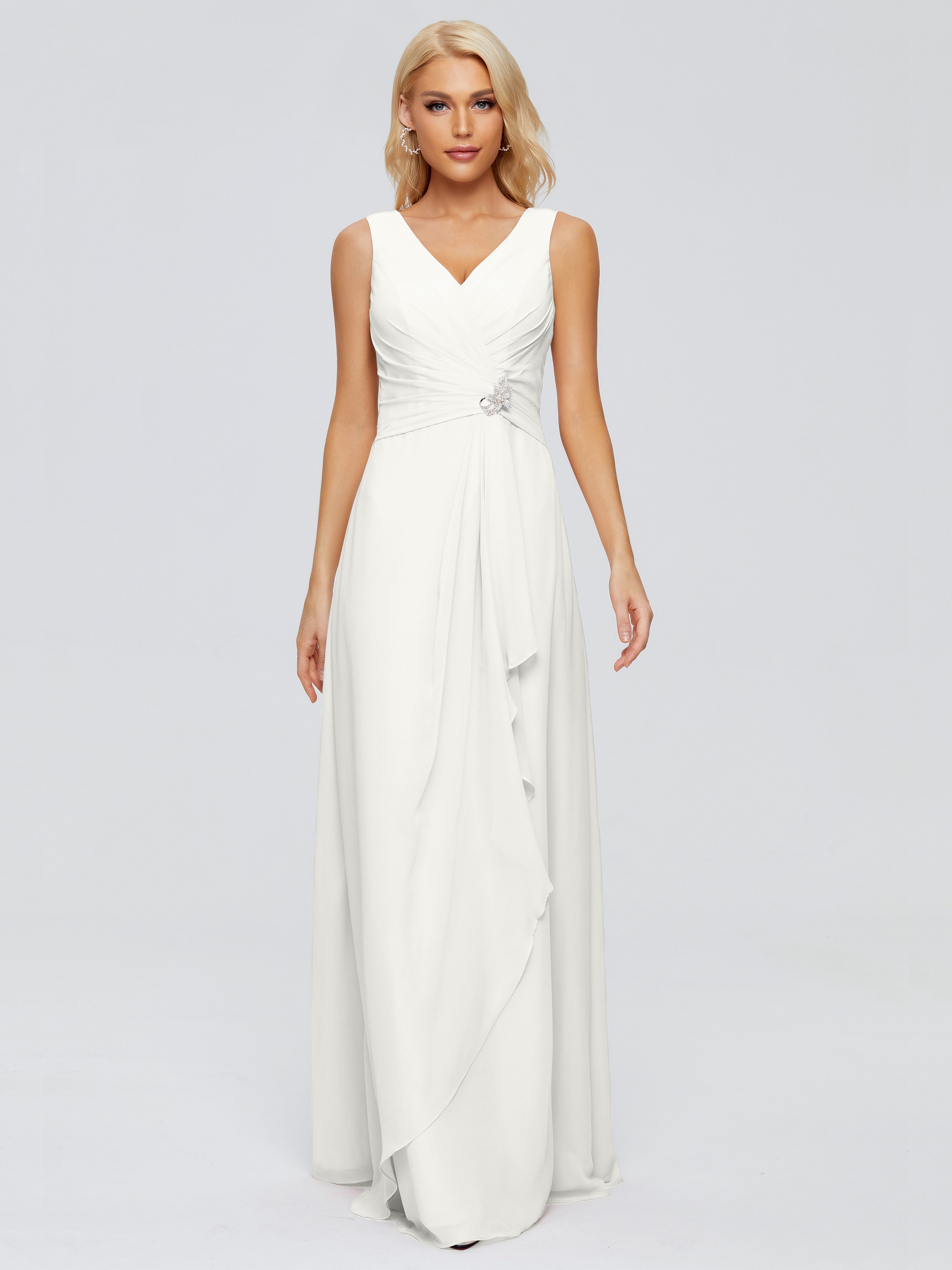 Robe Demoiselle D Honneur Ivoire Fourreau Col V Sans Manche Mousseline Robes Demoiselle D'Honneur