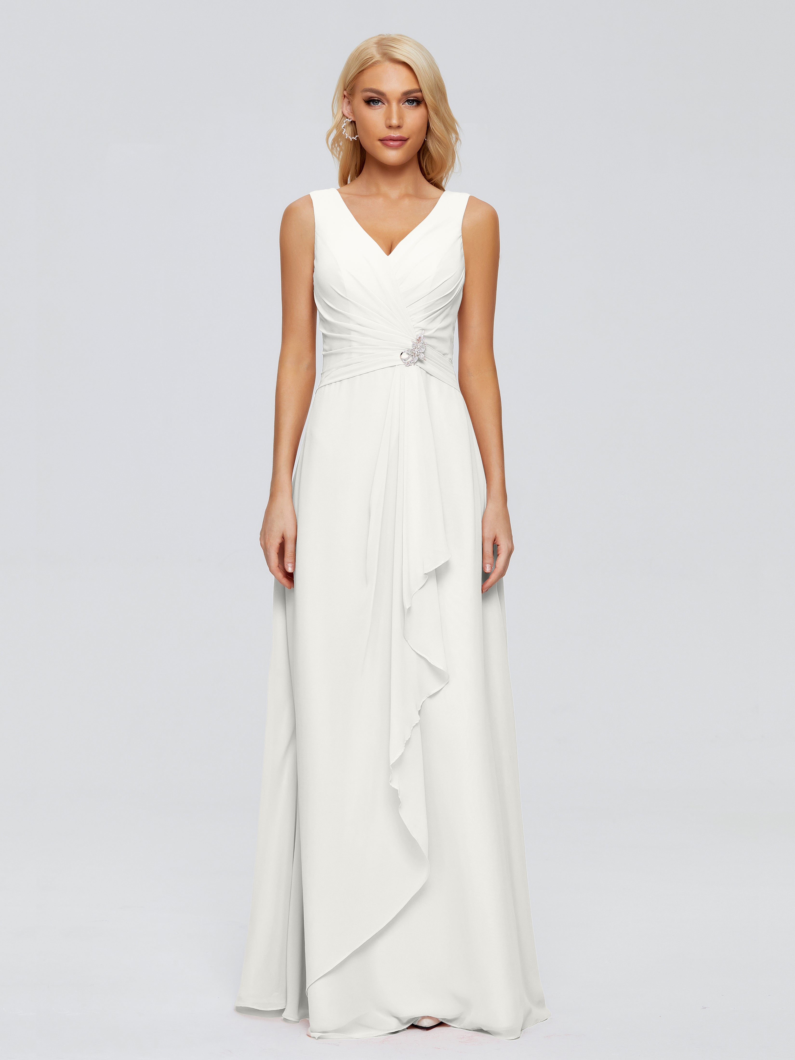 Robe Demoiselle D Honneur Ivoire Fourreau Col V Sans Manche Mousseline Robes Demoiselle D'Honneur