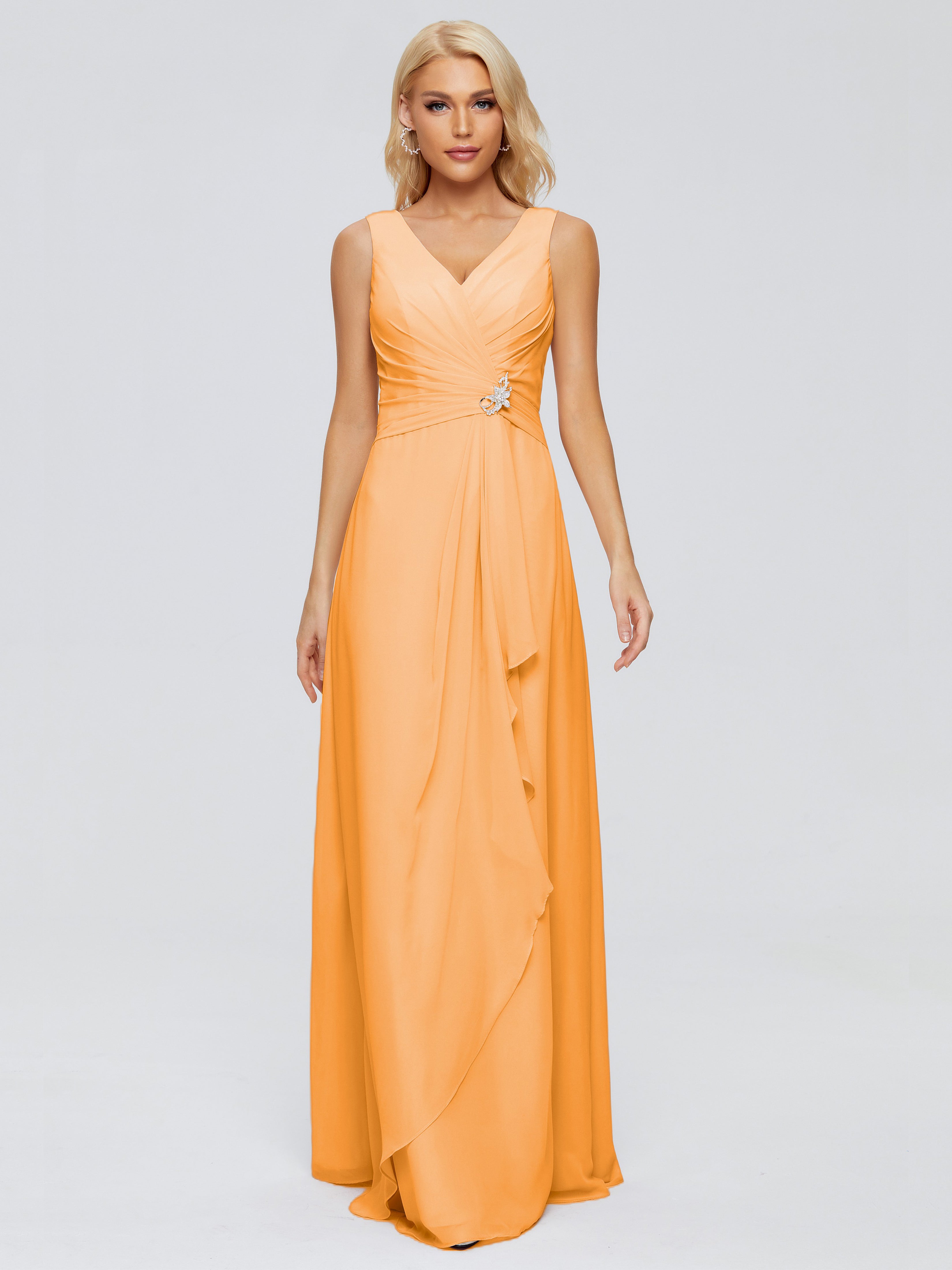 Robes De Demoiselle D'Honneur Mandarine Fourreau Col V Sans Manche Mousseline Robes Demoiselle D'Honneur