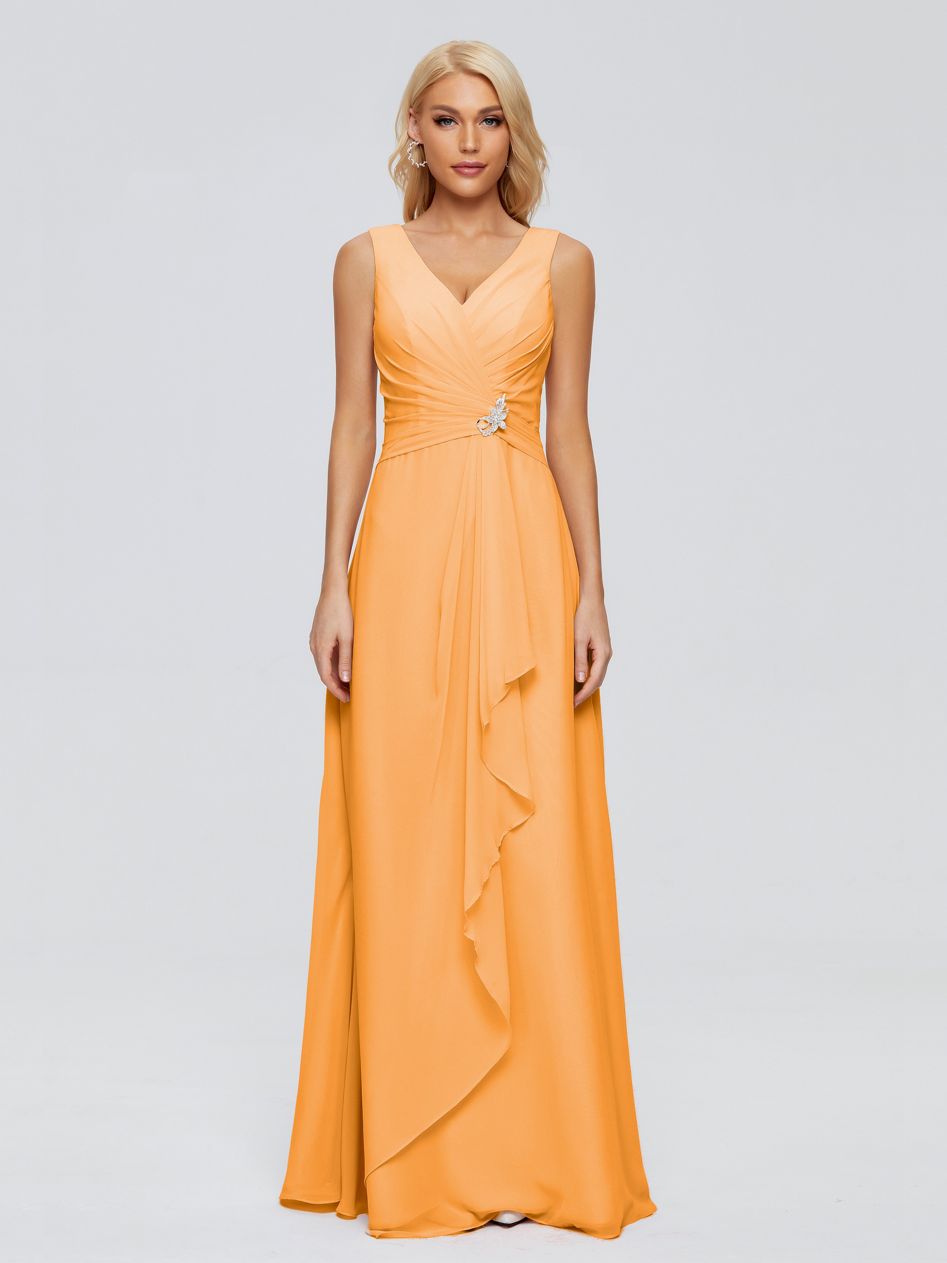Robes De Demoiselle D'Honneur Mandarine Fourreau Col V Sans Manche Mousseline Robes Demoiselle D'Honneur