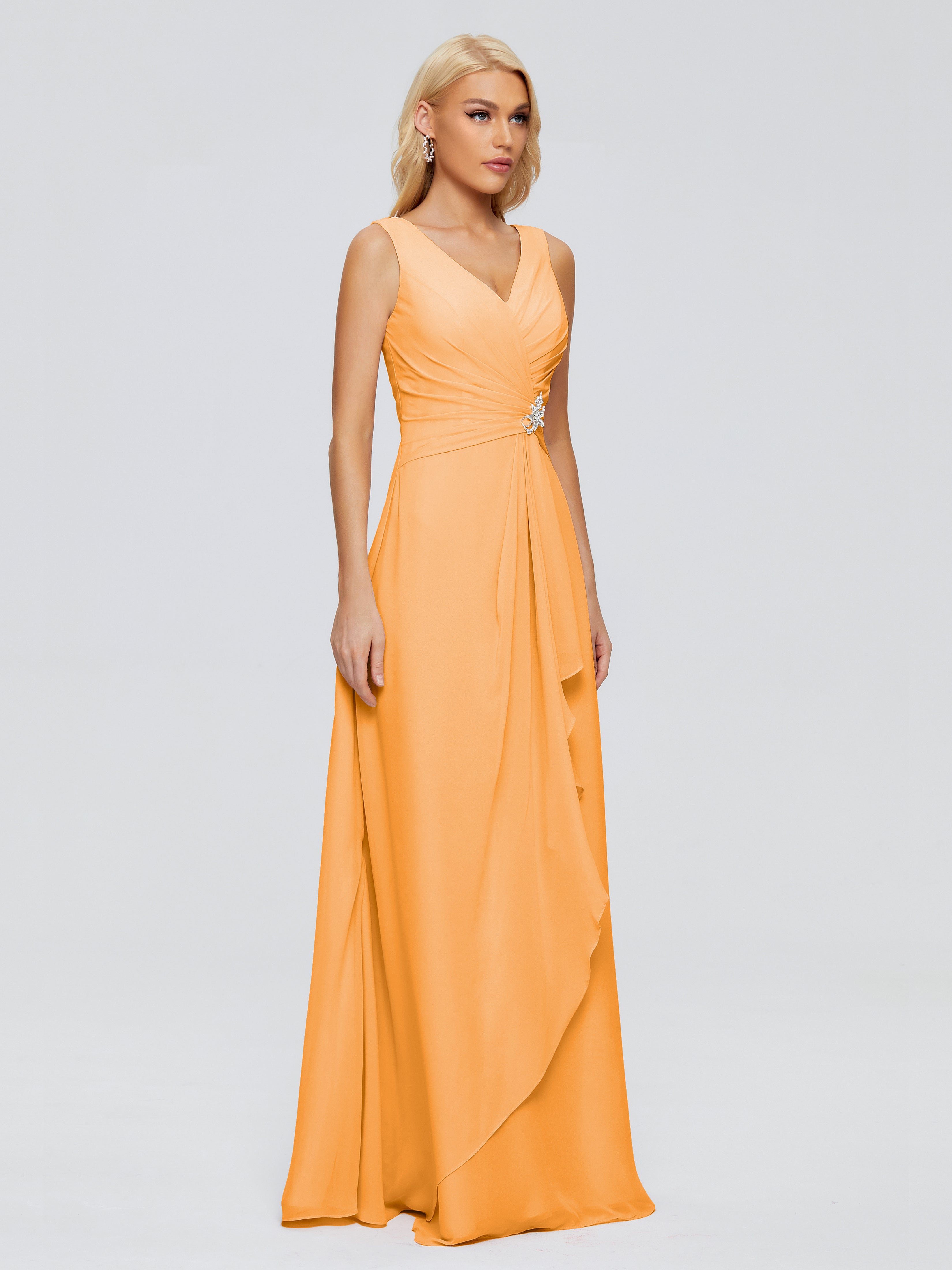Robes De Demoiselle D'Honneur Mandarine Fourreau Col V Sans Manche Mousseline Robes Demoiselle D'Honneur