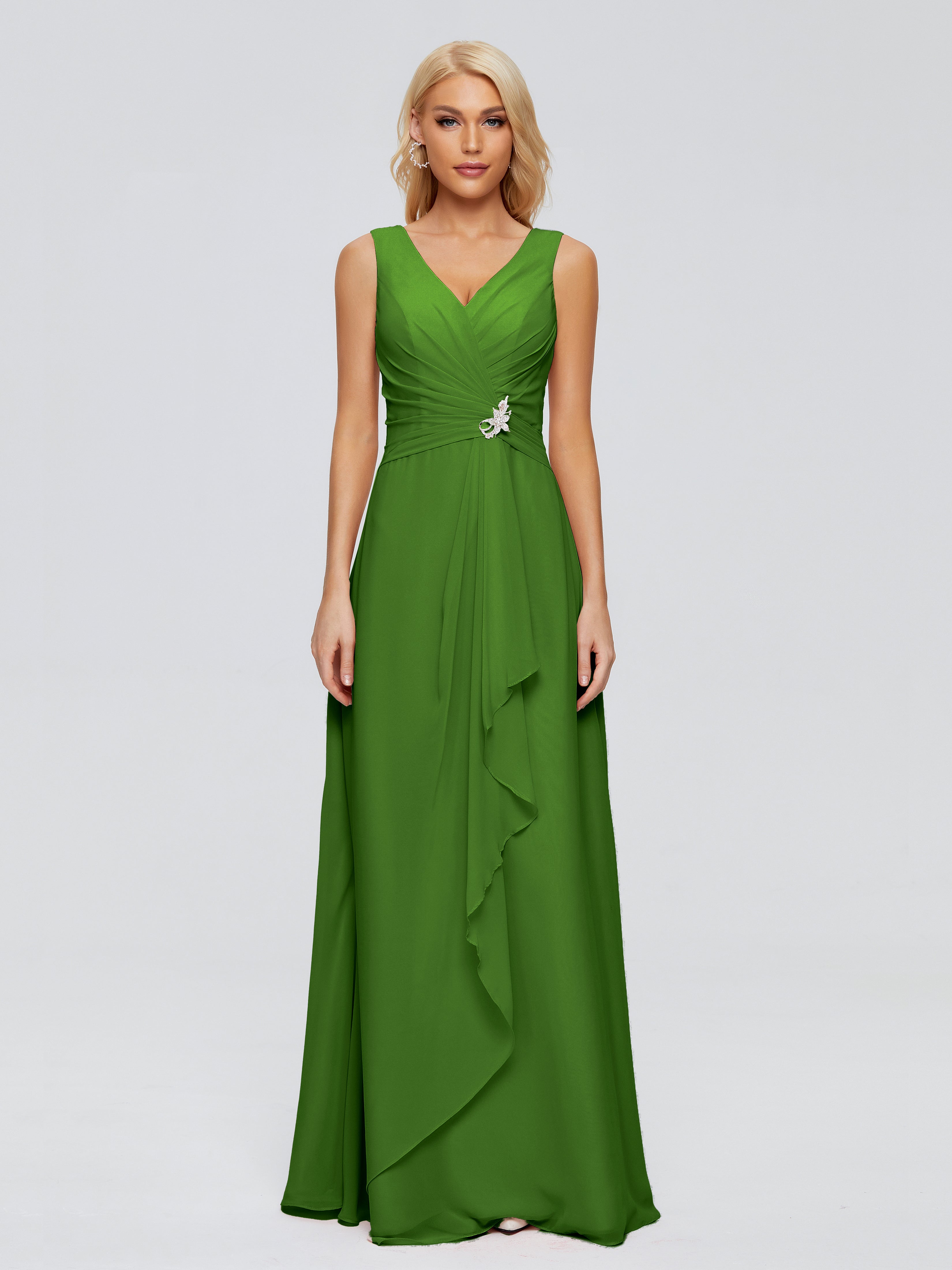 Robes De Demoiselle D'Honneur Vert Mousse Fourreau Col V Sans Manche Mousseline Robes Demoiselle D'Honneur