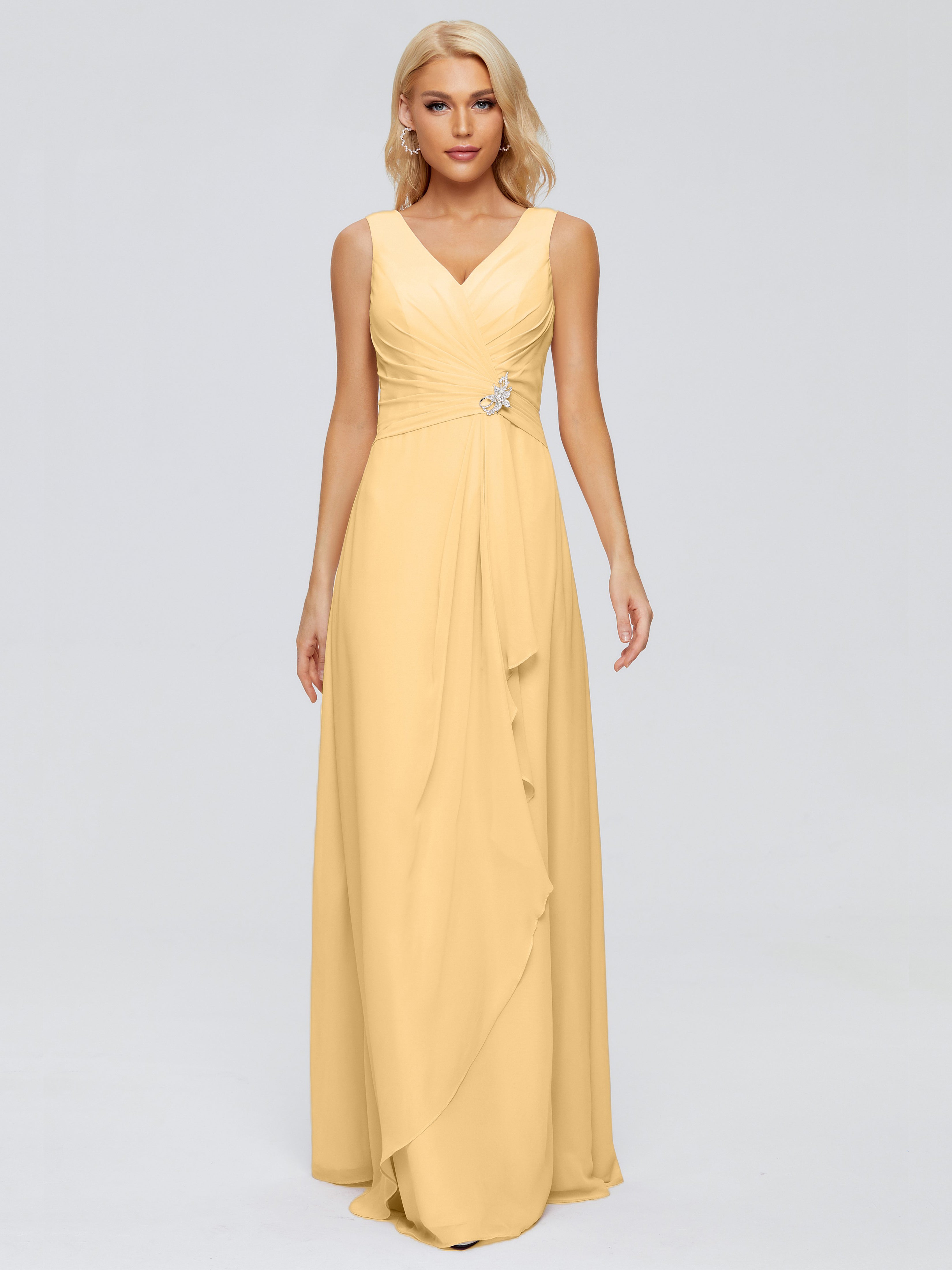 Robe Demoiselle D Honneur Couleur Or Fourreau Col V Sans Manche Mousseline Robes Demoiselle D'Honneur