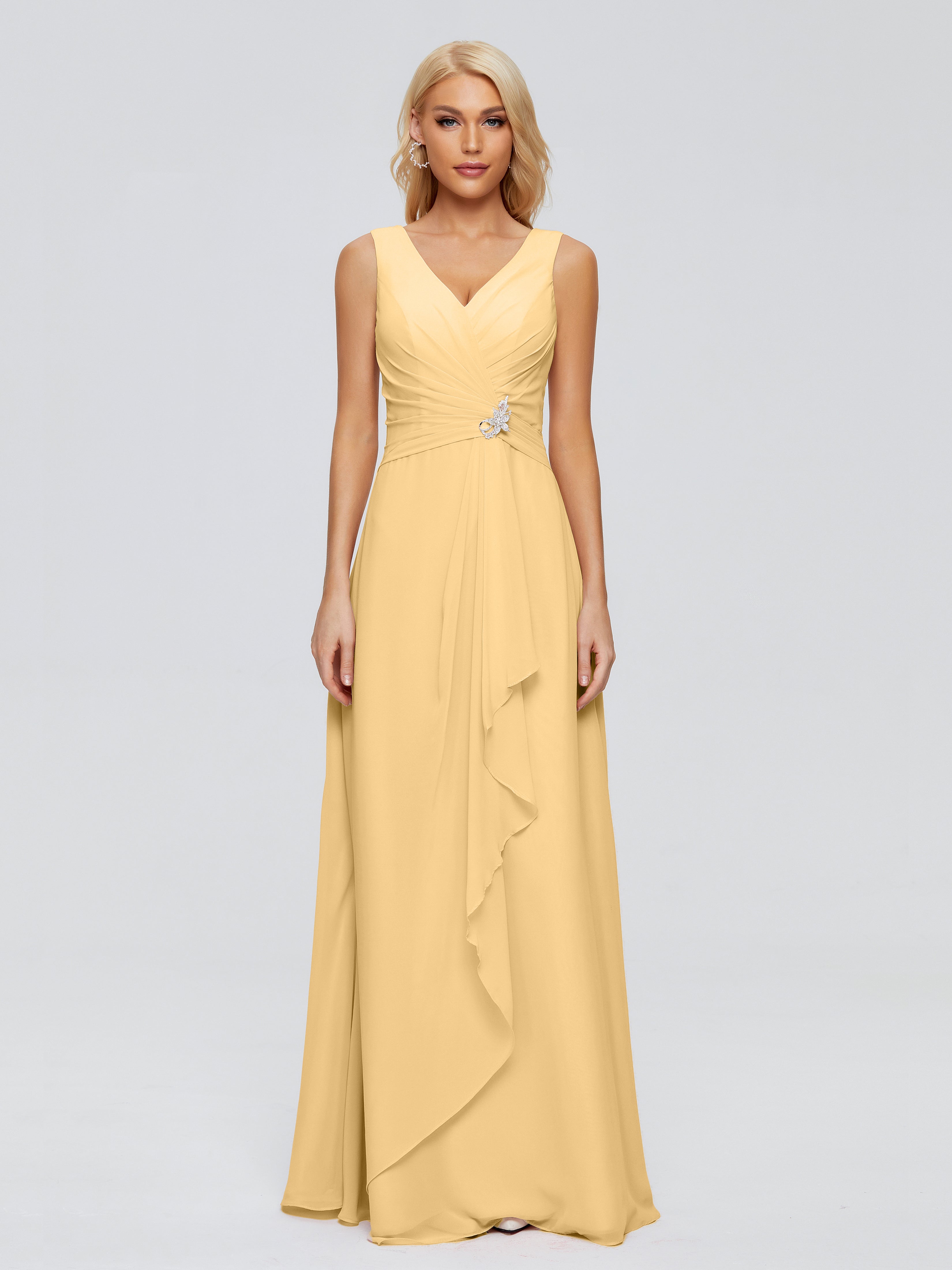 Robe Demoiselle D Honneur Couleur Or Fourreau Col V Sans Manche Mousseline Robes Demoiselle D'Honneur