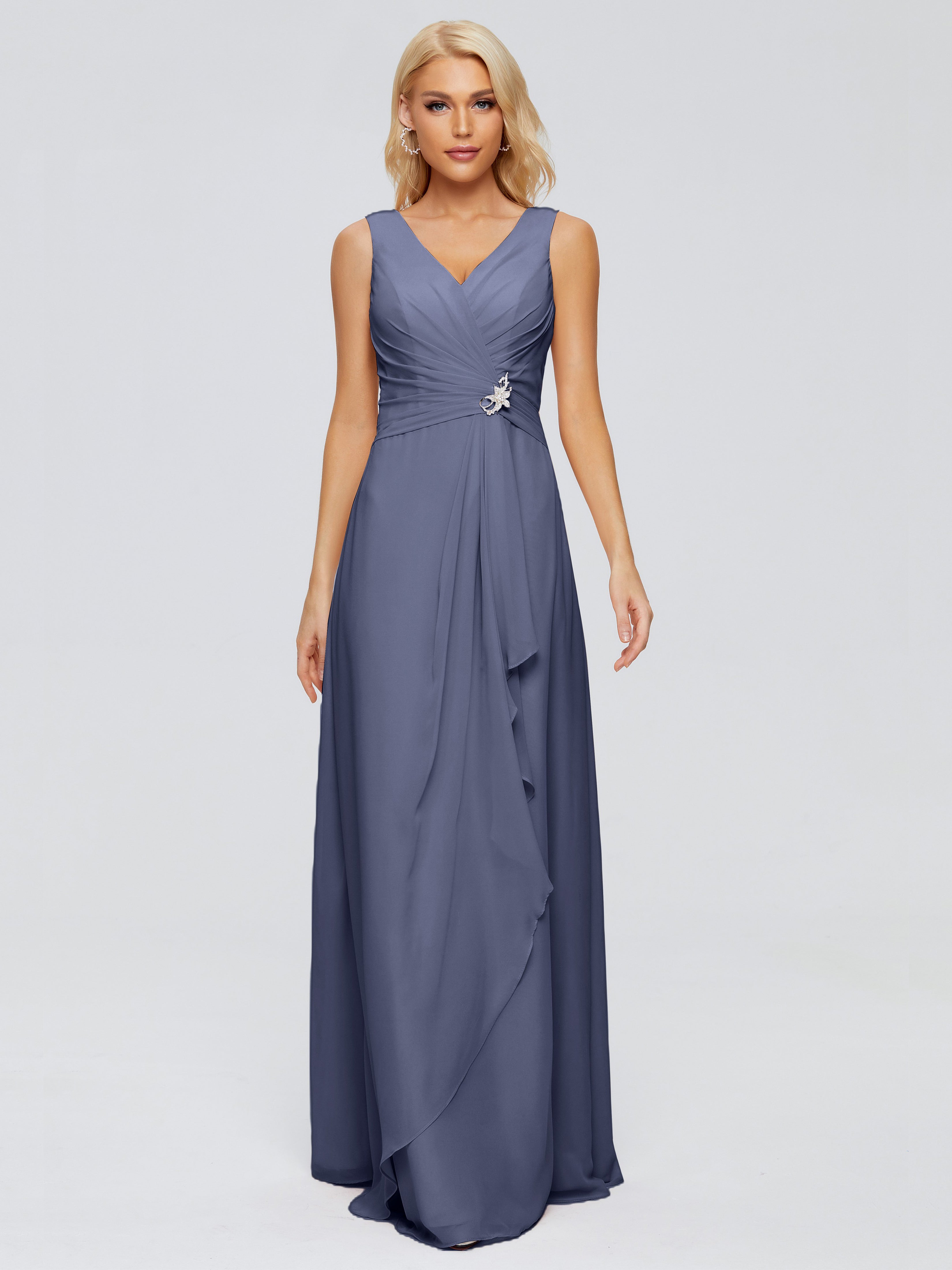 Robes De Demoiselle D'Honneur Bleu Orageux Fourreau Col V Sans Manche Mousseline Robes Demoiselle D'Honneur