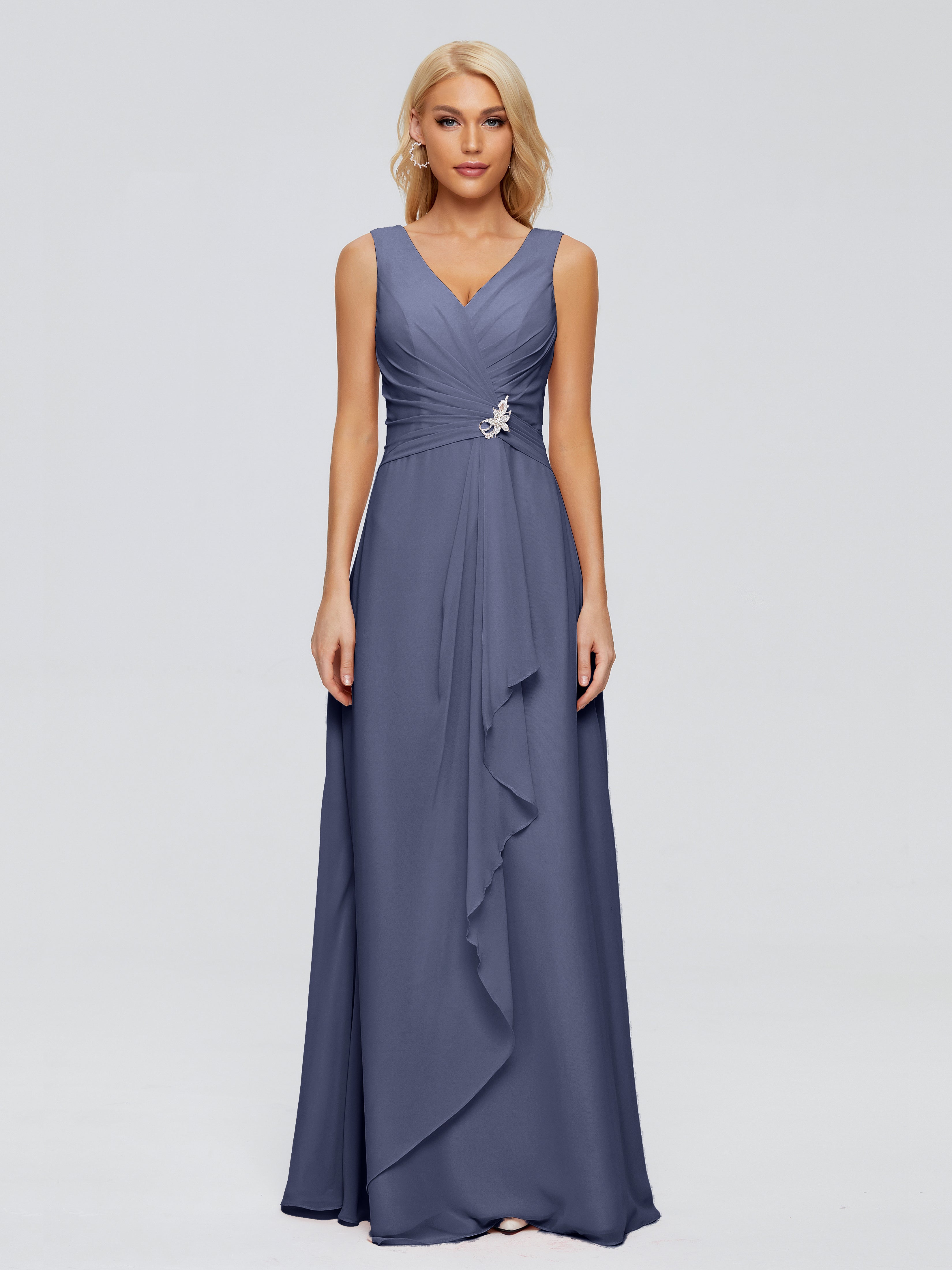 Robes De Demoiselle D'Honneur Bleu Orageux Fourreau Col V Sans Manche Mousseline Robes Demoiselle D'Honneur