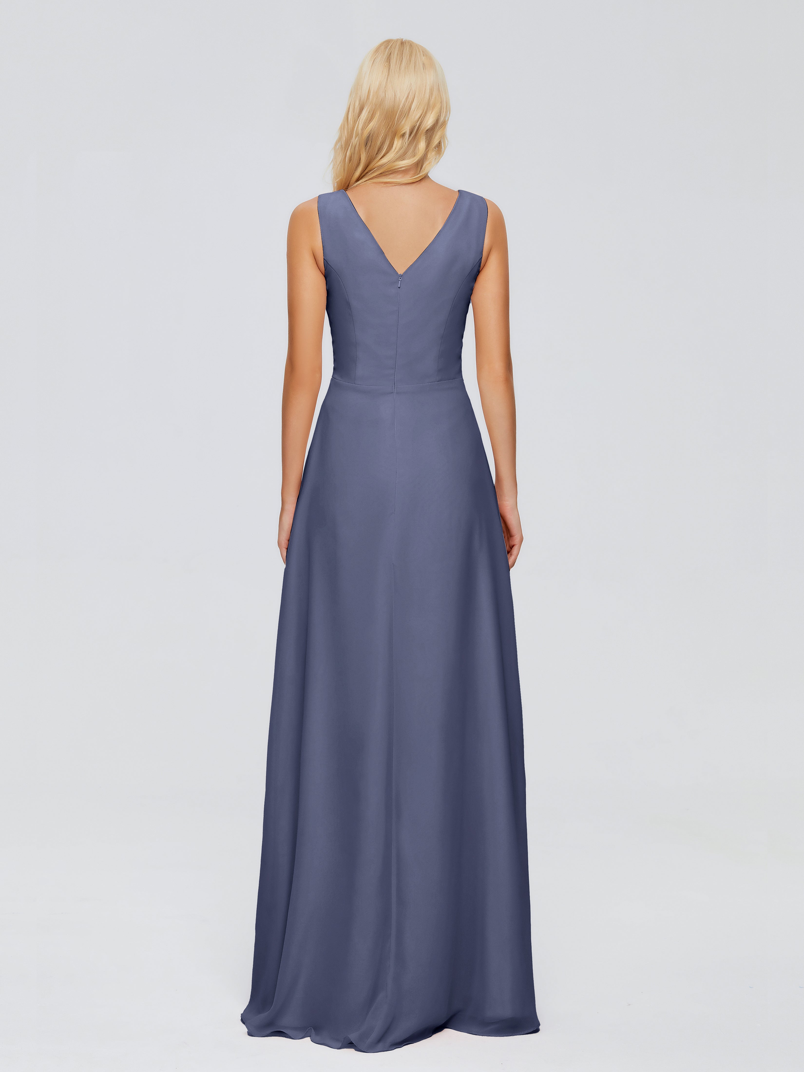 Robes De Demoiselle D'Honneur Bleu Orageux Fourreau Col V Sans Manche Mousseline Robes Demoiselle D'Honneur