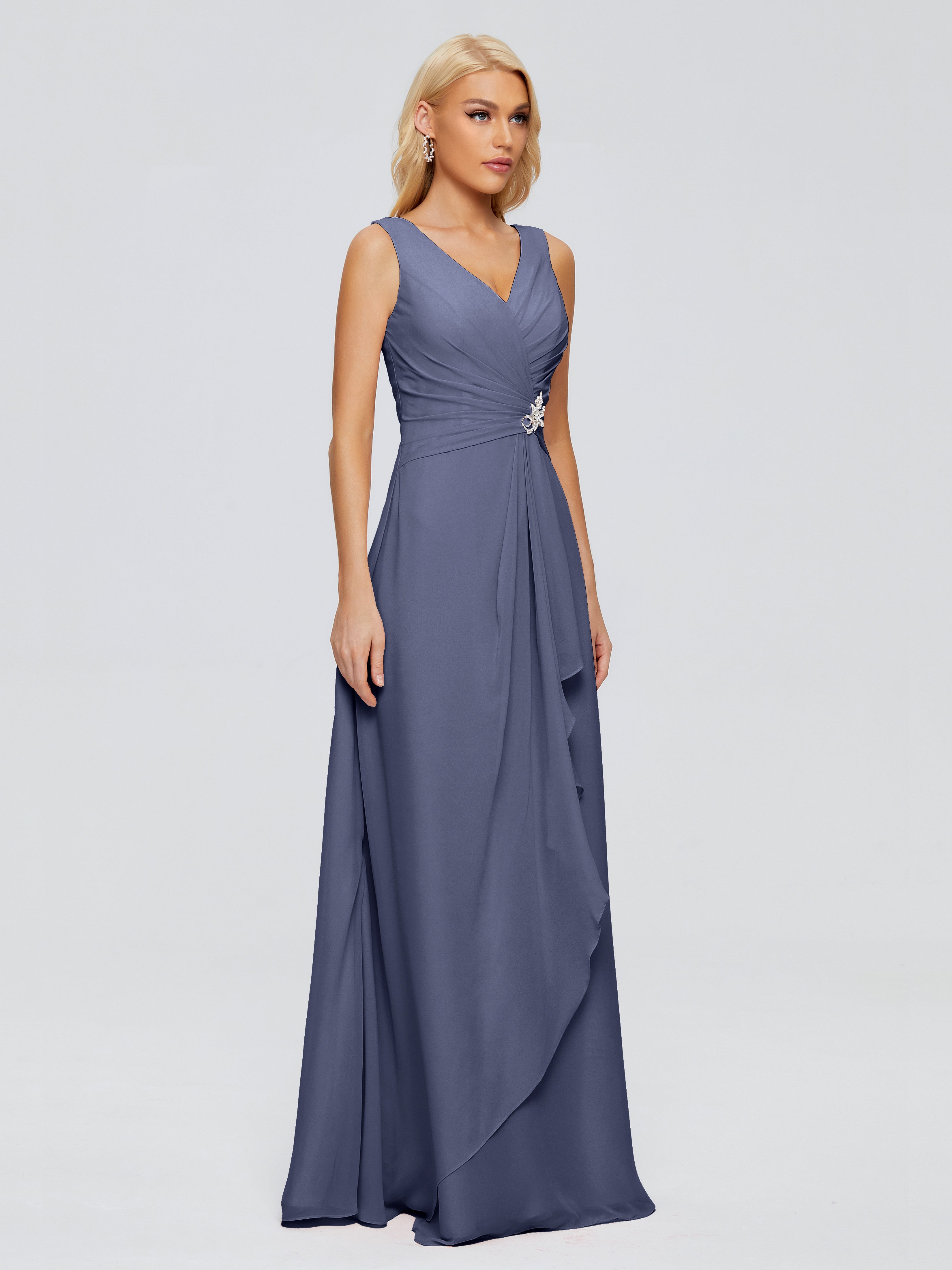 Robes De Demoiselle D'Honneur Bleu Orageux Fourreau Col V Sans Manche Mousseline Robes Demoiselle D'Honneur