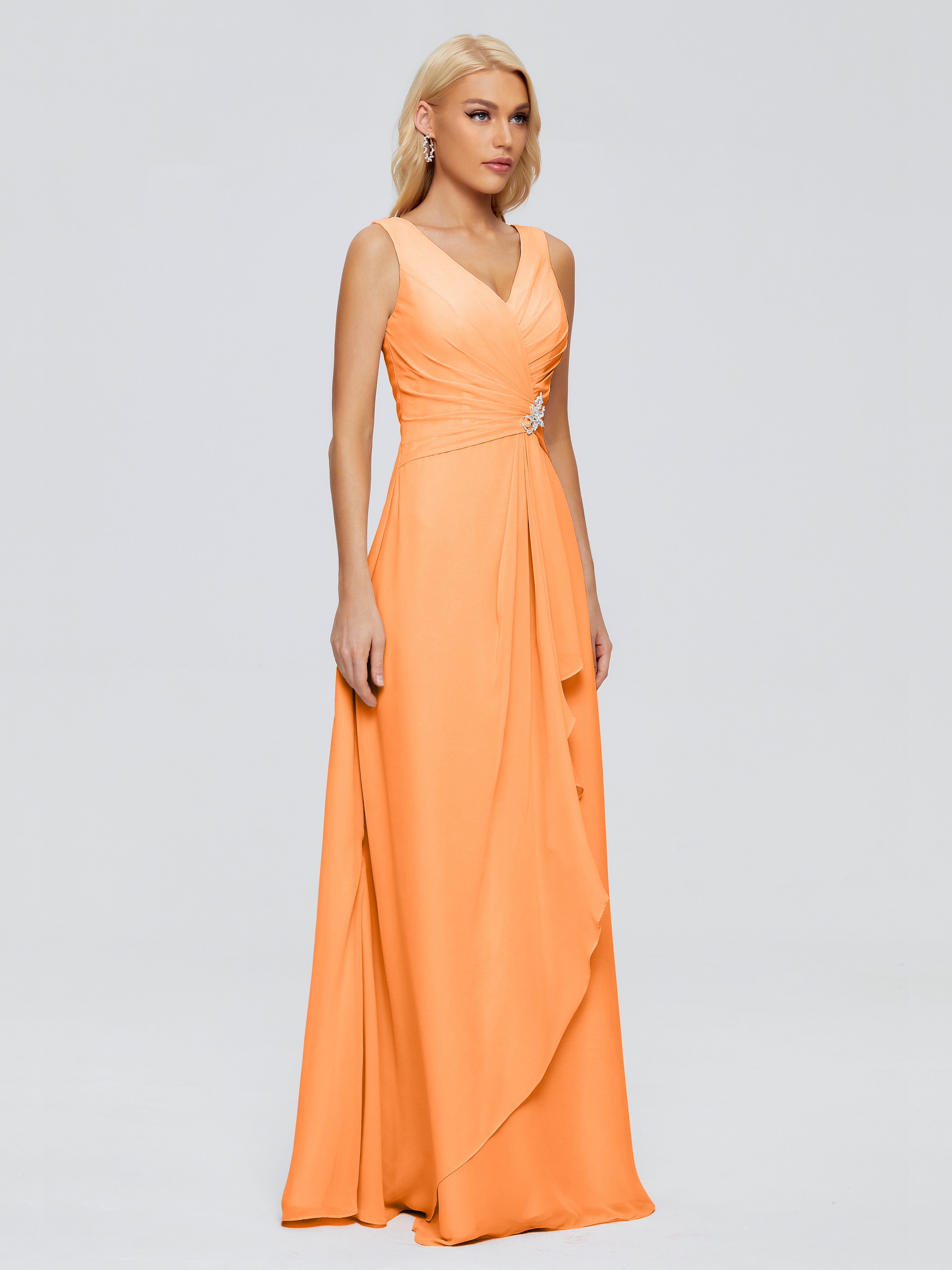 Robe Demoiselle Dhonneur Orange Fourreau Col V Sans Manche Mousseline Robes Demoiselle D'Honneur