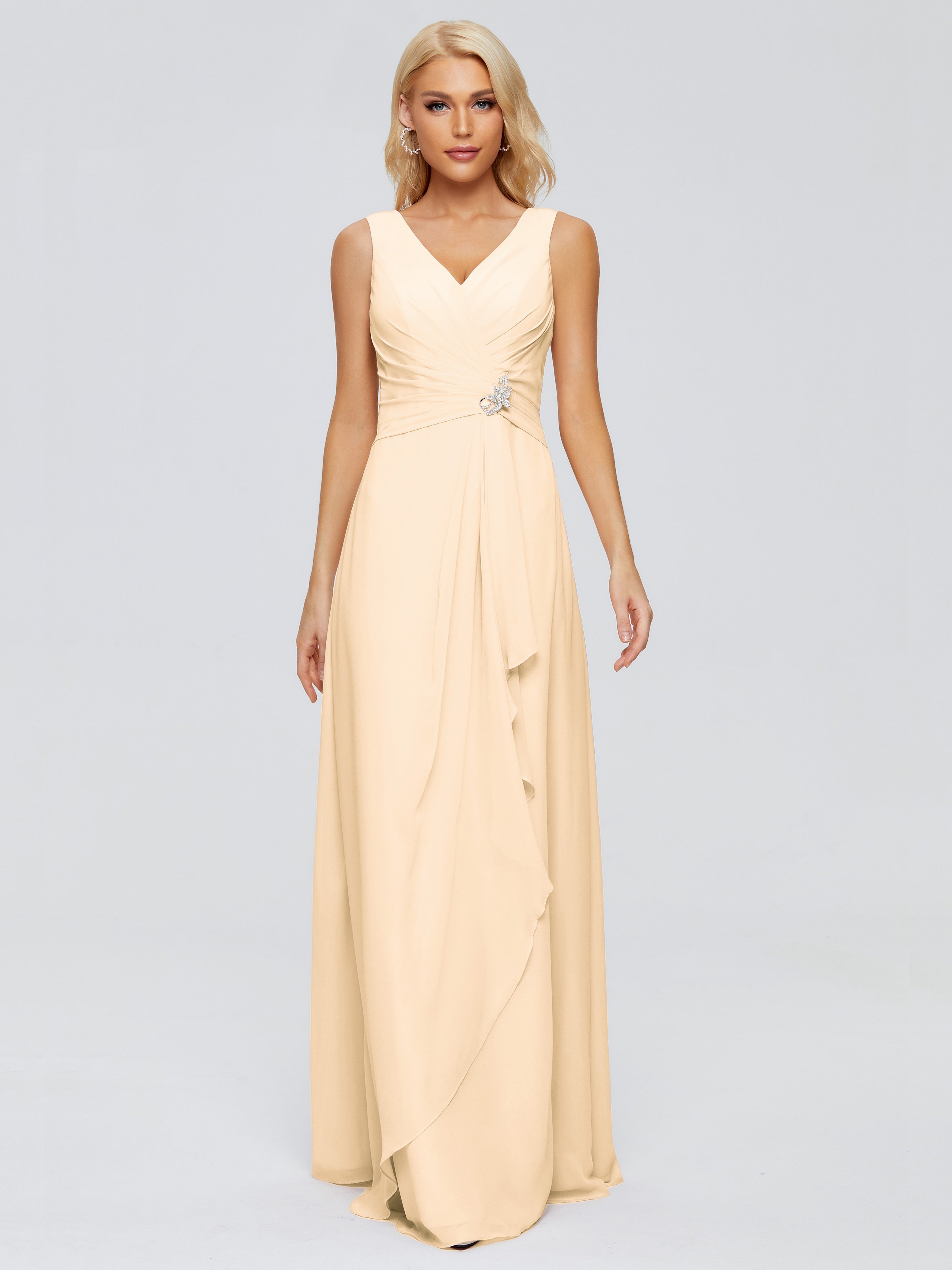 Robe Demoiselle D Honneur Pêche Fourreau Col V Sans Manche Mousseline Robes Demoiselle D'Honneur