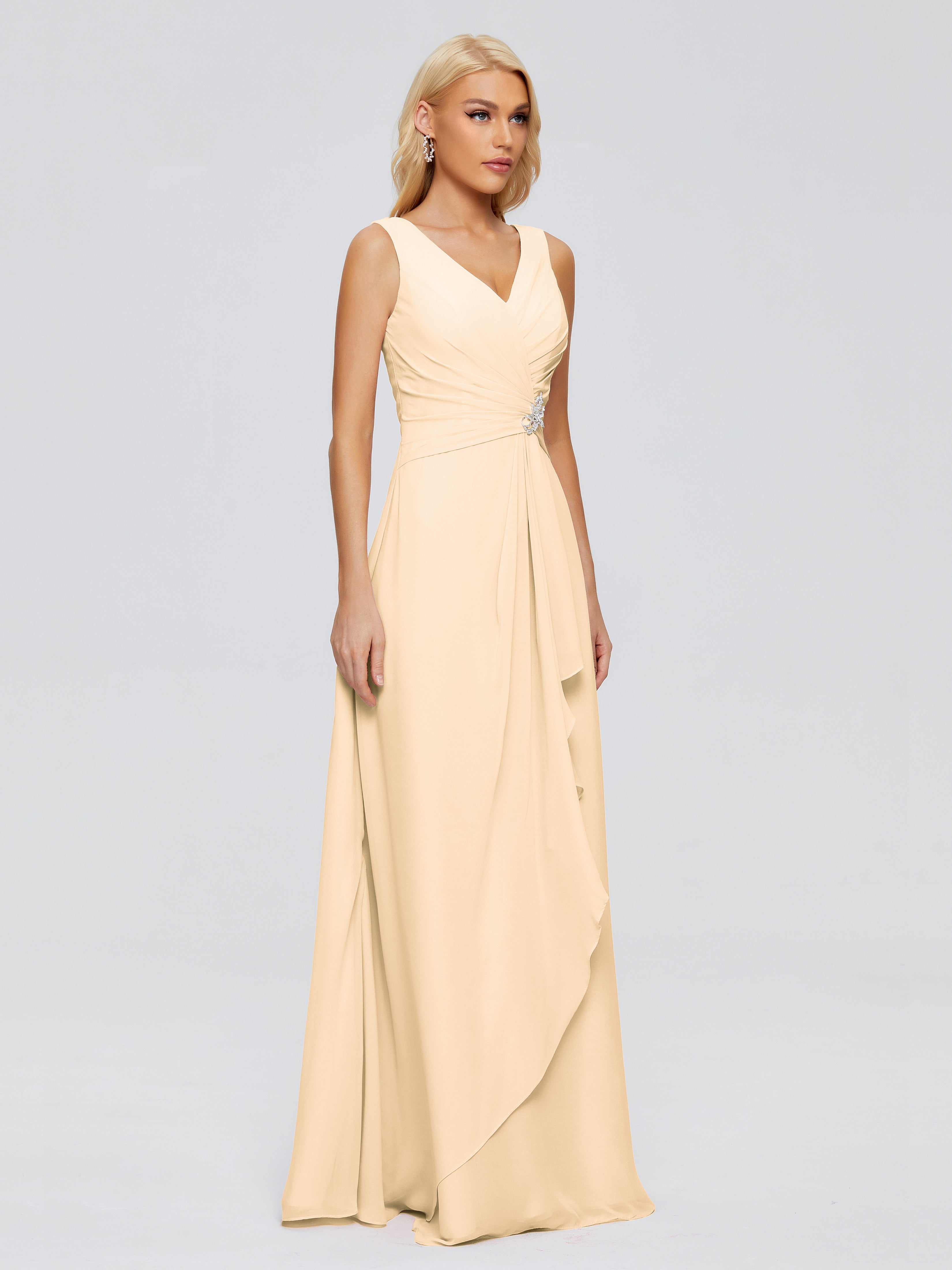 Robe Demoiselle D Honneur Pêche Fourreau Col V Sans Manche Mousseline Robes Demoiselle D'Honneur