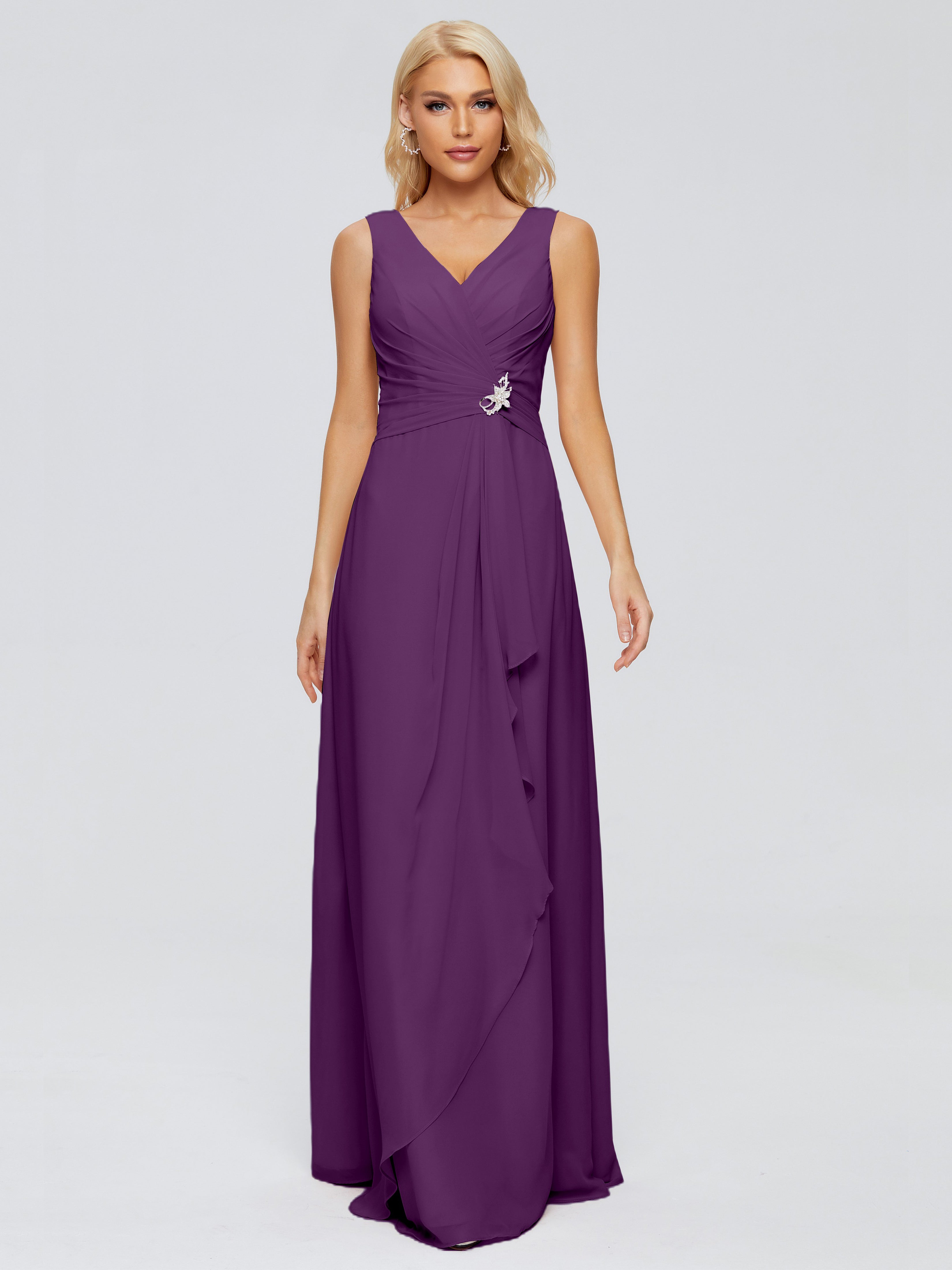 Robes De Demoiselle D'Honneur En Raisin Fourreau Col V Sans Manche Mousseline Robes Demoiselle D'Honneur