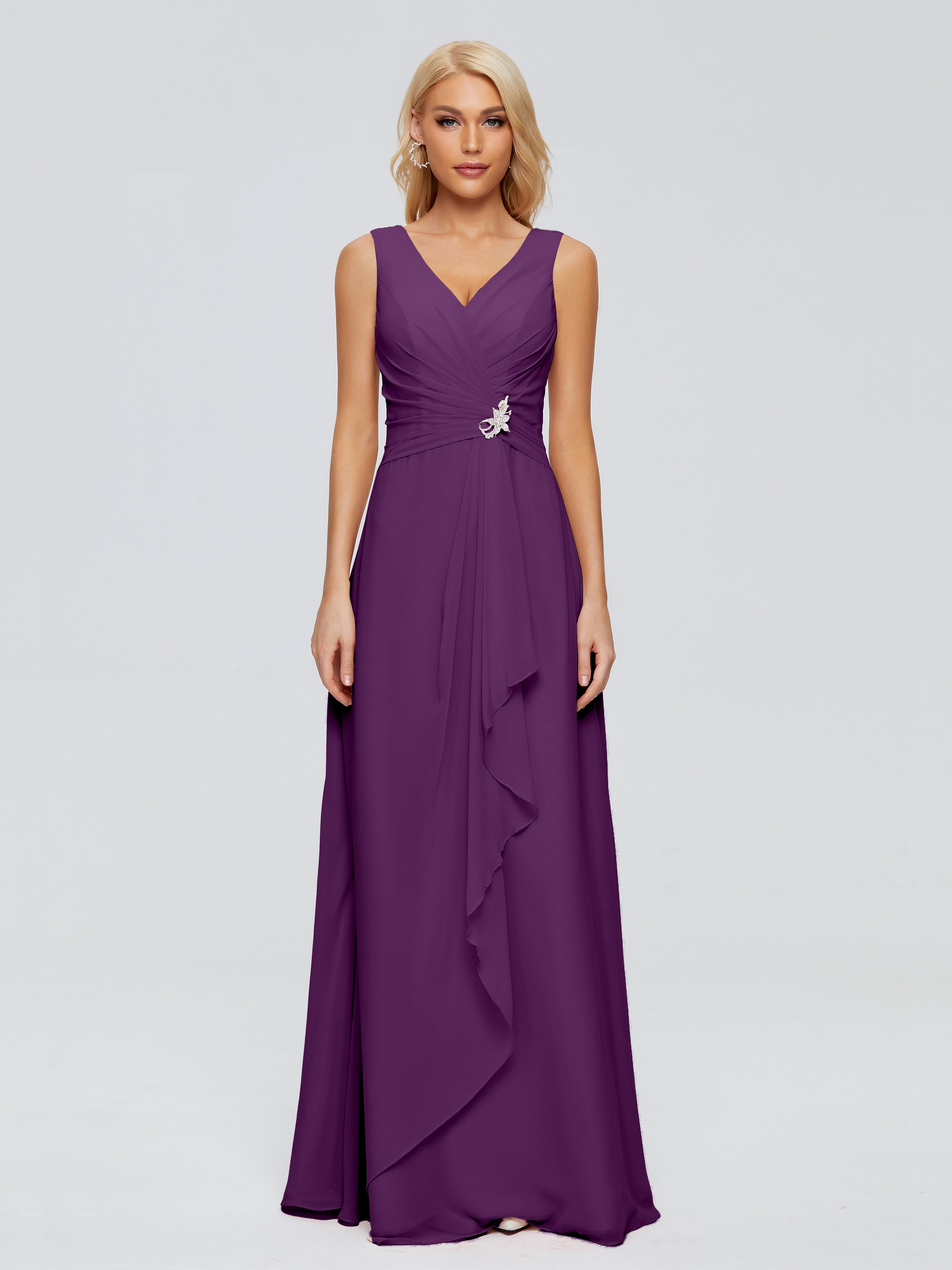 Robes De Demoiselle D'Honneur En Raisin Fourreau Col V Sans Manche Mousseline Robes Demoiselle D'Honneur
