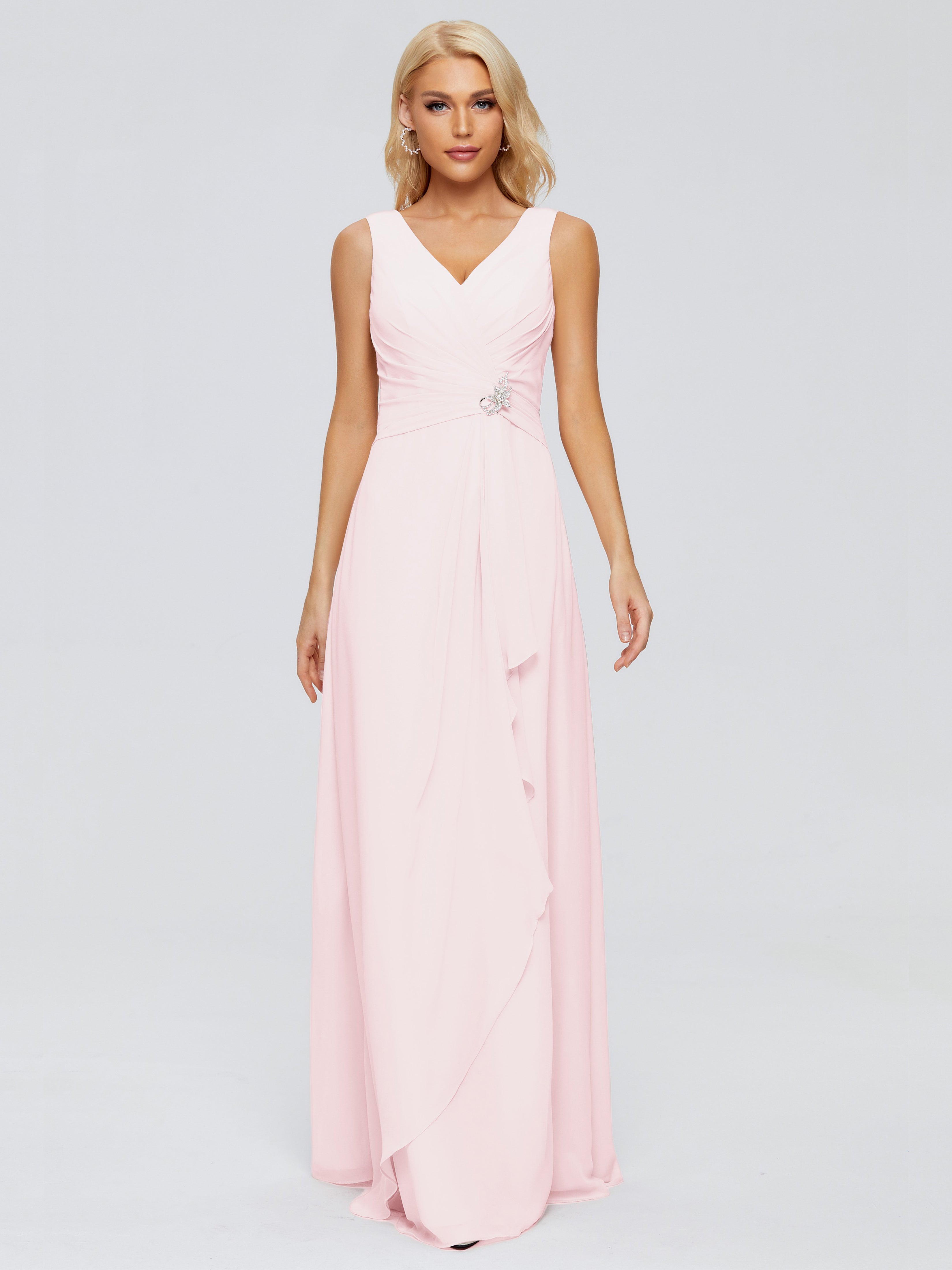 Robe Longue Mousseline Rose Pale Fourreau Col V Sans Manche Mousseline Robes Demoiselle D'Honneur