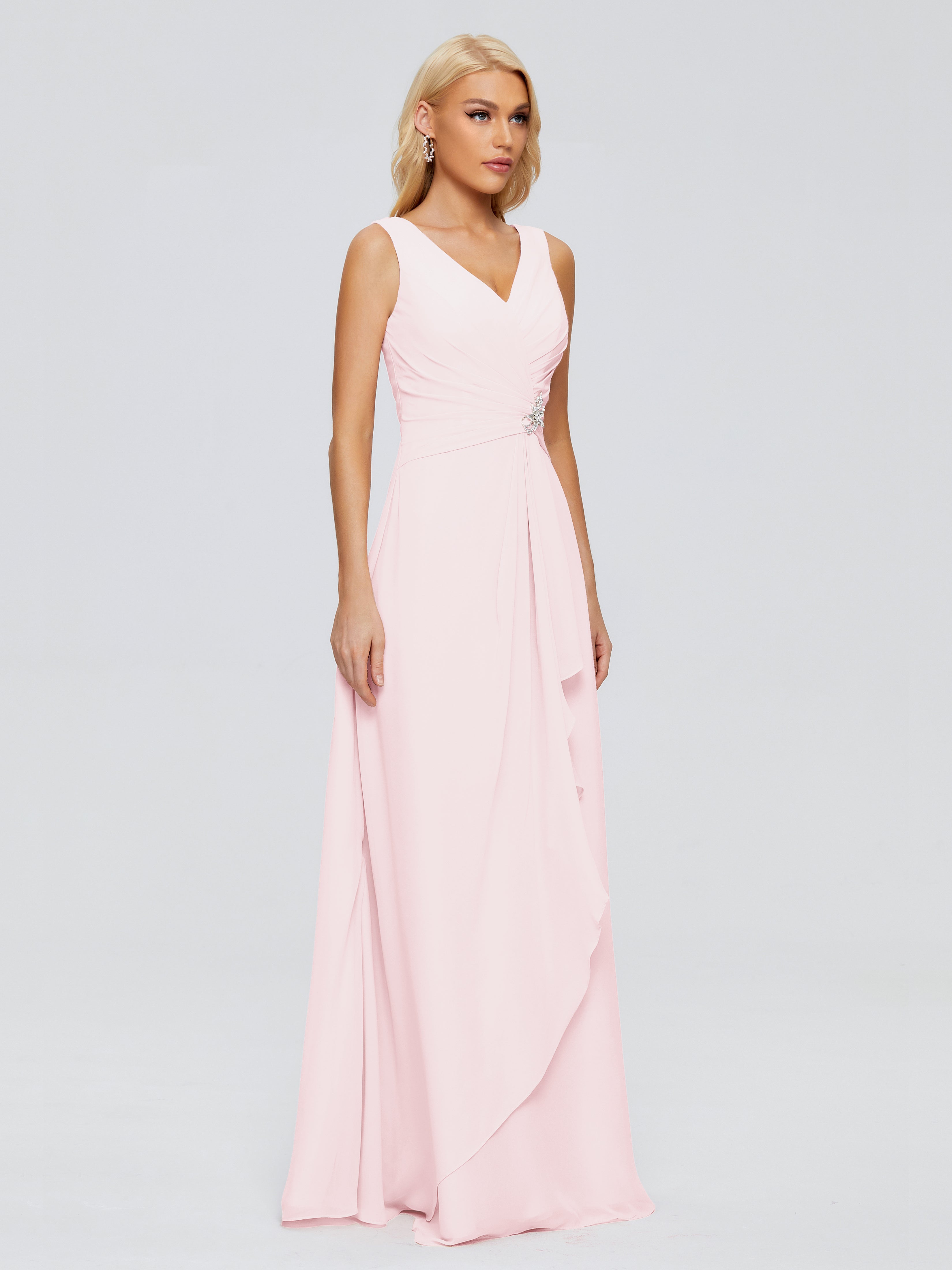 Robe Longue Mousseline Rose Pale Fourreau Col V Sans Manche Mousseline Robes Demoiselle D'Honneur