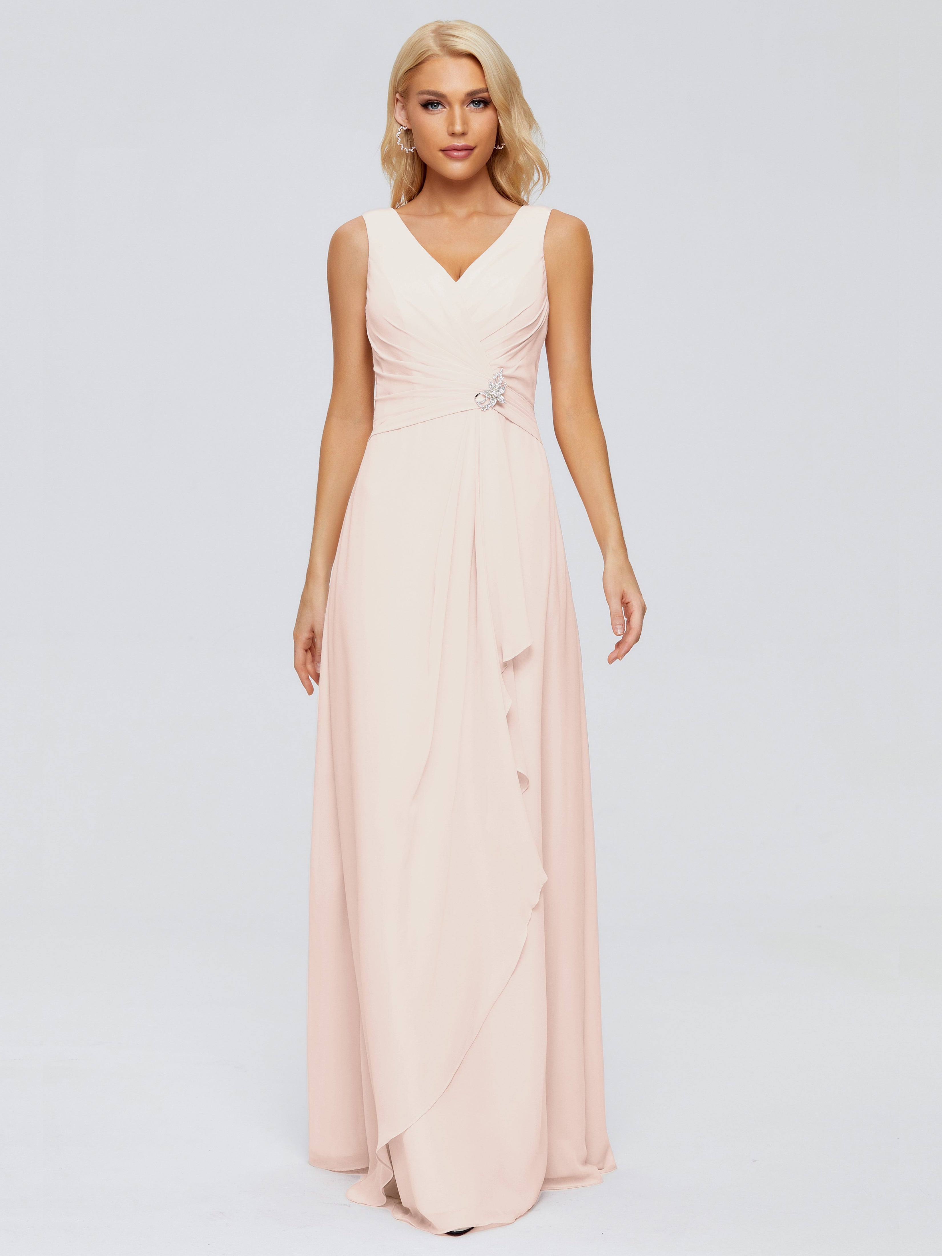 Robe Demoiselle D Honneur Rose Perle Fourreau Col V Sans Manche Mousseline Robes Demoiselle D'Honneur