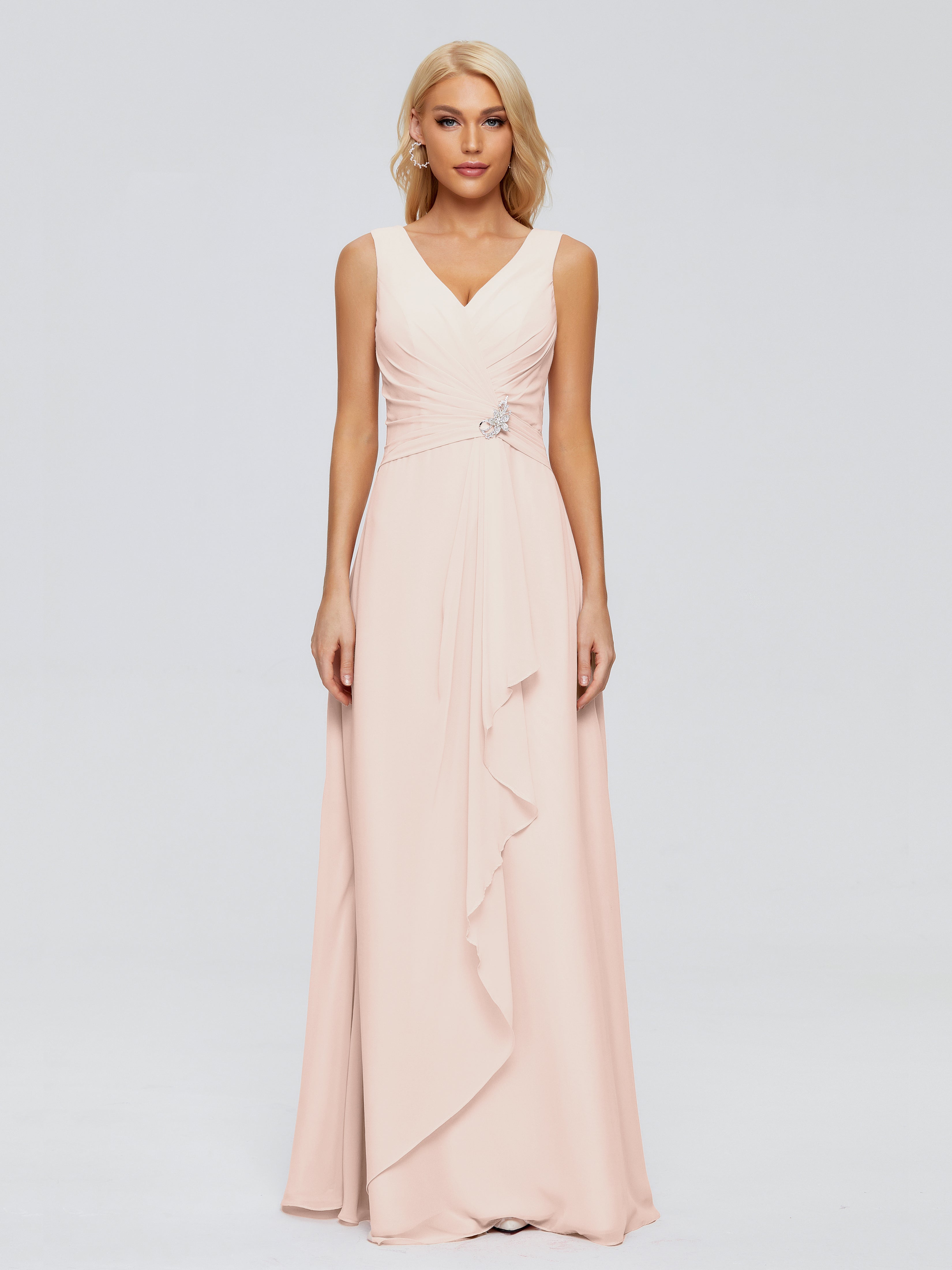Robe Demoiselle D Honneur Rose Perle Fourreau Col V Sans Manche Mousseline Robes Demoiselle D'Honneur