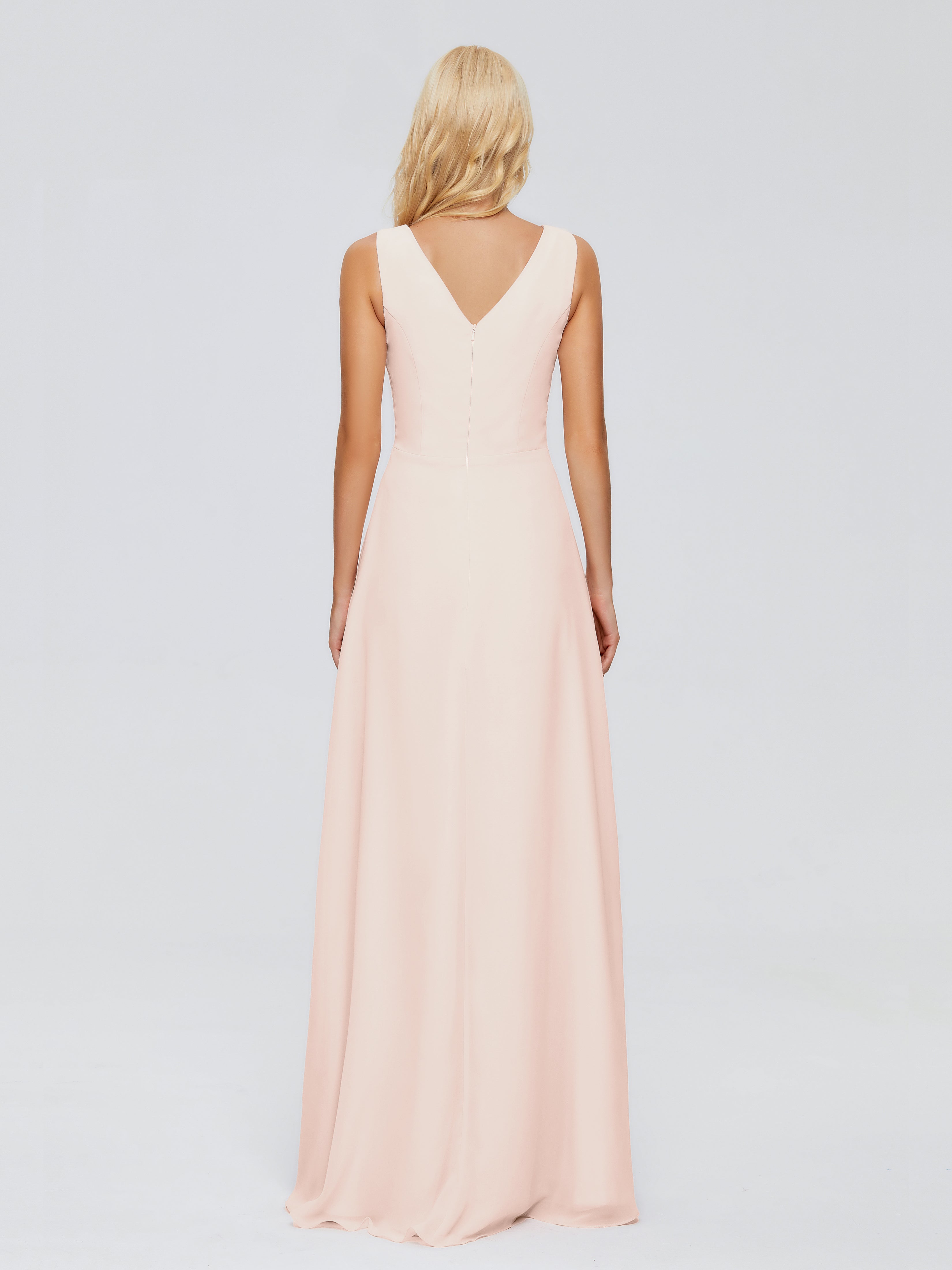 Robe Demoiselle D Honneur Rose Perle Fourreau Col V Sans Manche Mousseline Robes Demoiselle D'Honneur