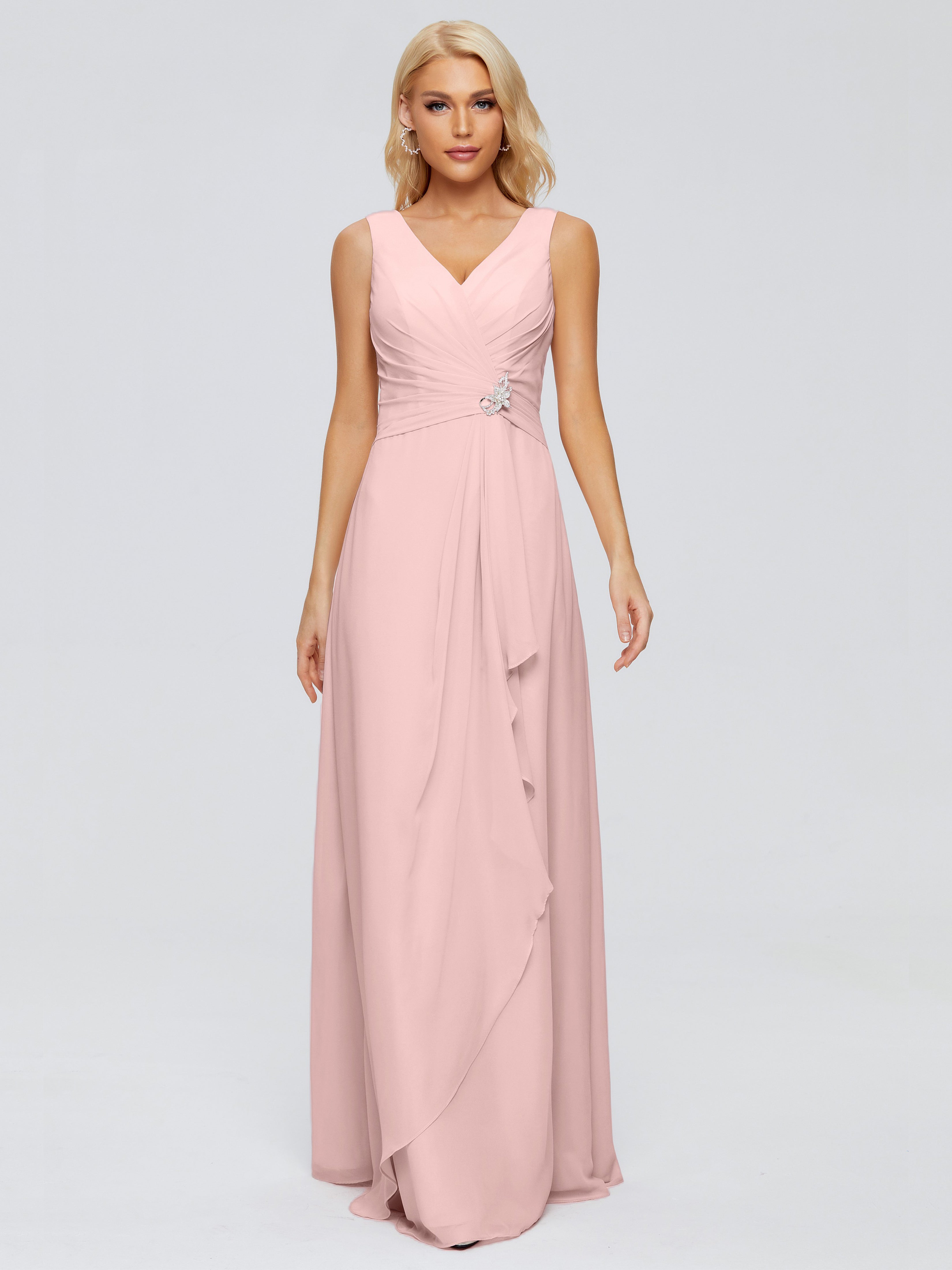 Robe Rose Poudrée Demoiselle D Honneur Fourreau Col V Sans Manche Mousseline Robes Demoiselle D'Honneur
