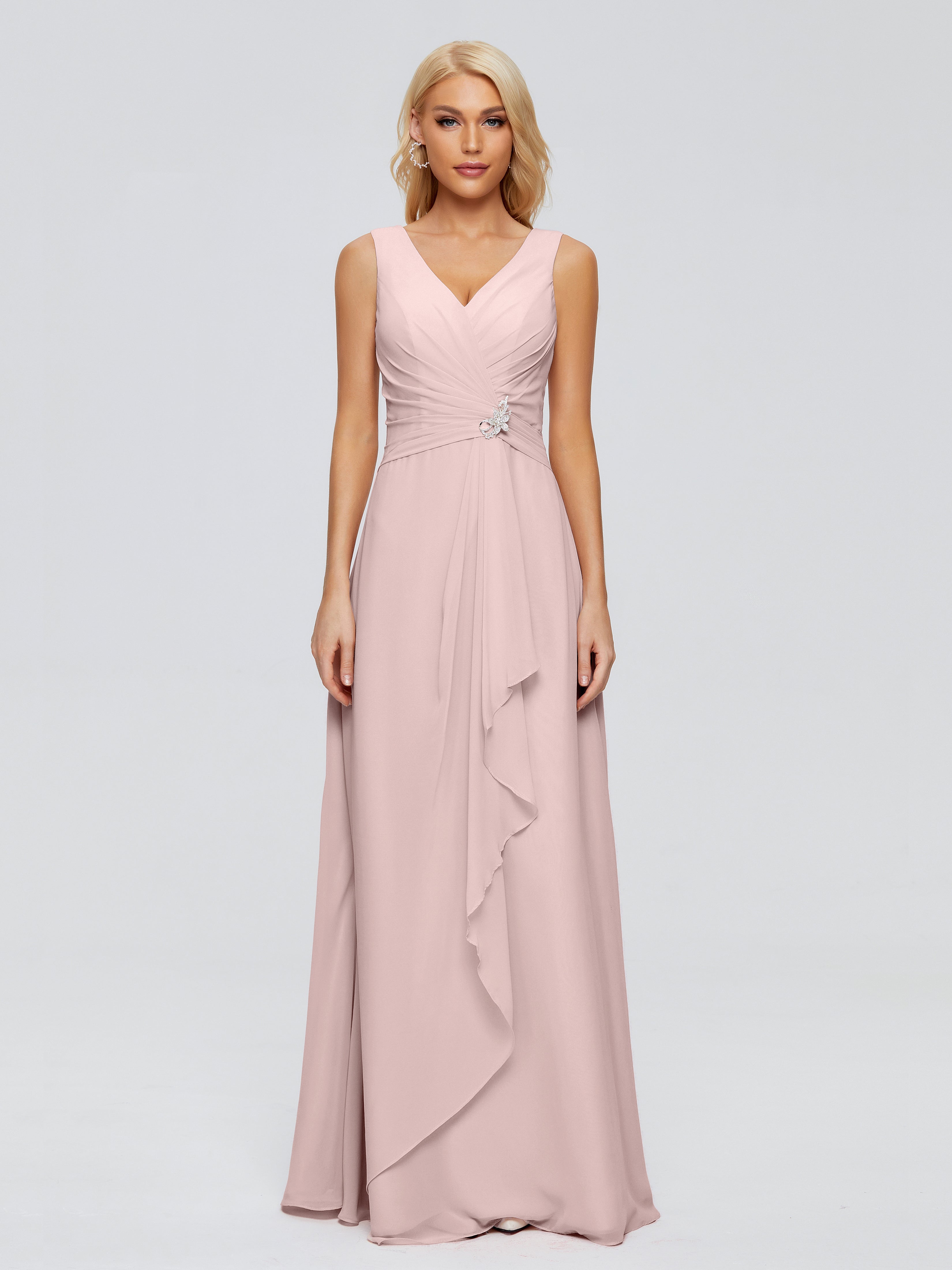 Robe Rose Poudrée Demoiselle D Honneur Fourreau Col V Sans Manche Mousseline Robes Demoiselle D'Honneur