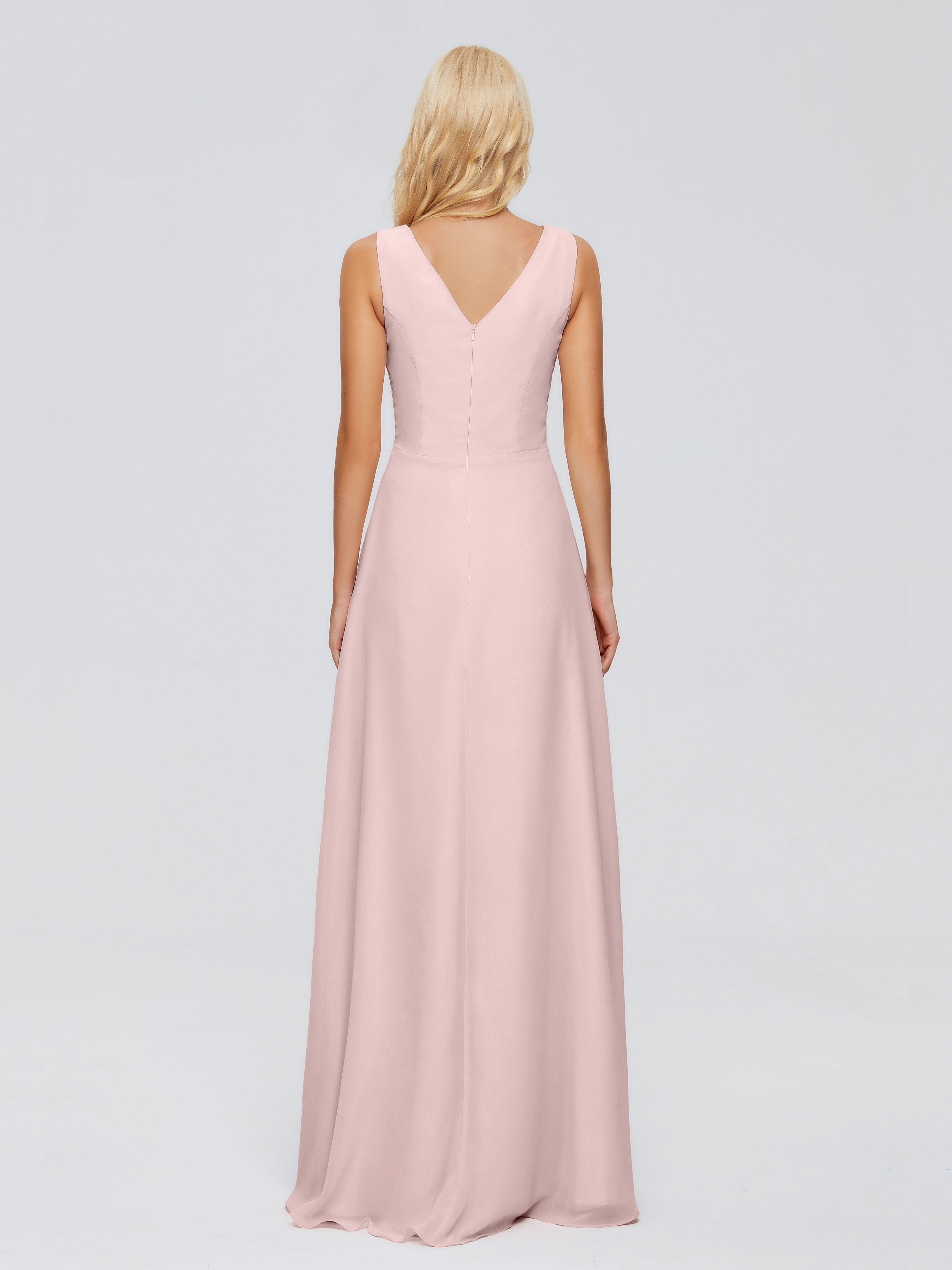 Robe Rose Poudrée Demoiselle D Honneur Fourreau Col V Sans Manche Mousseline Robes Demoiselle D'Honneur
