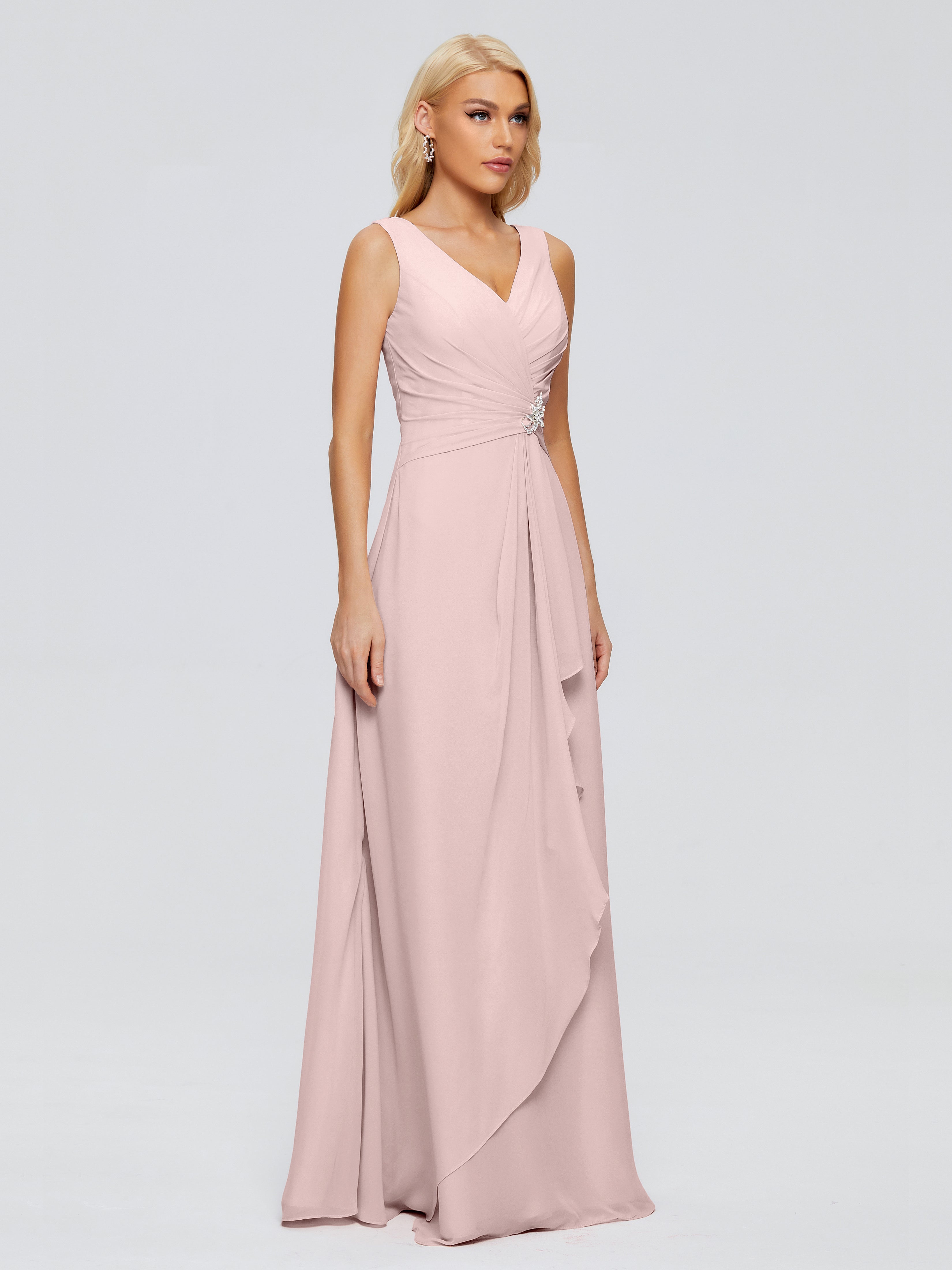 Robe Rose Poudrée Demoiselle D Honneur Fourreau Col V Sans Manche Mousseline Robes Demoiselle D'Honneur