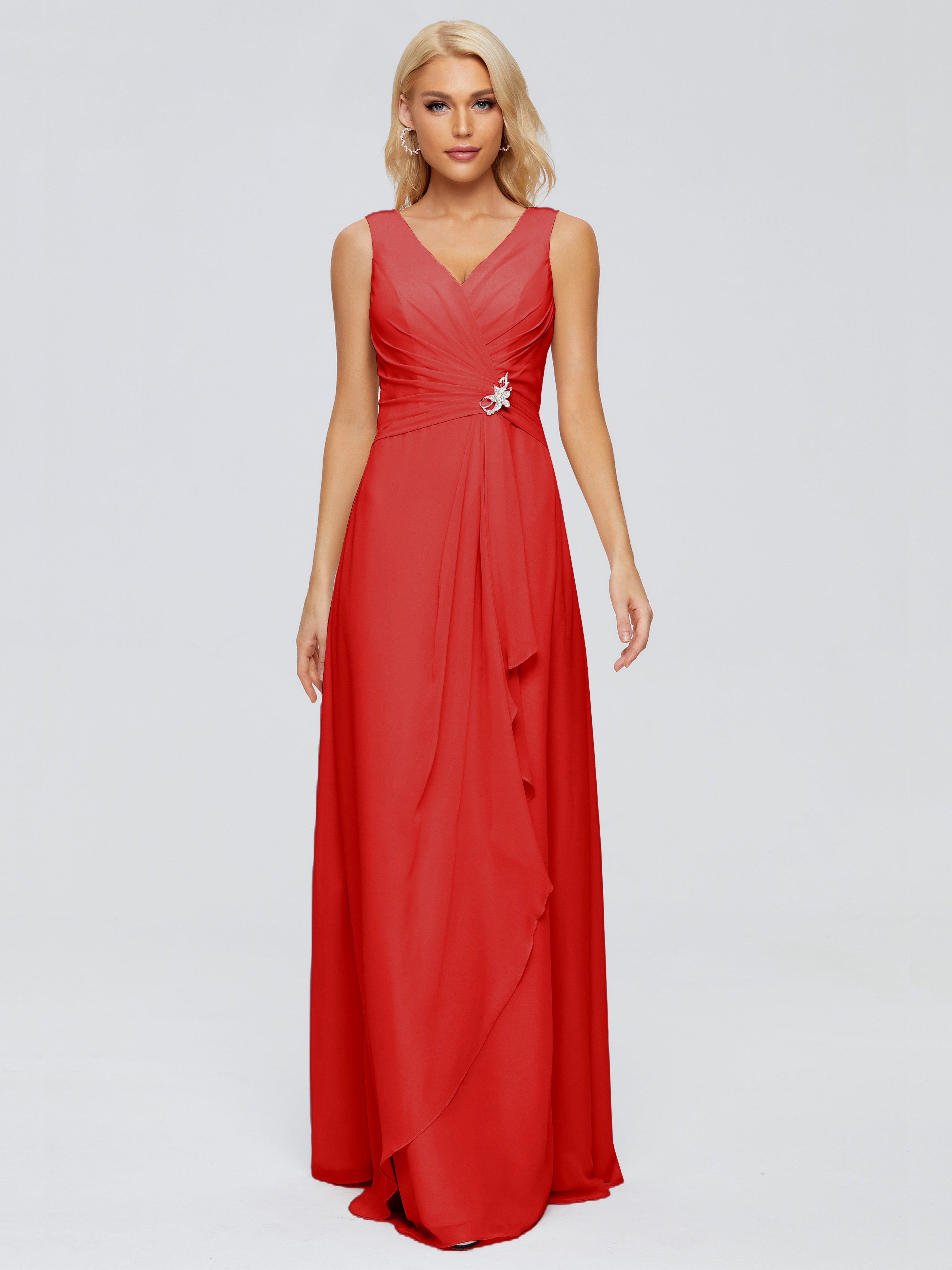 Rouge Robe Demoiselle D Honneur Chic Fourreau Col V Sans Manche Mousseline Robes Demoiselle D'Honneur