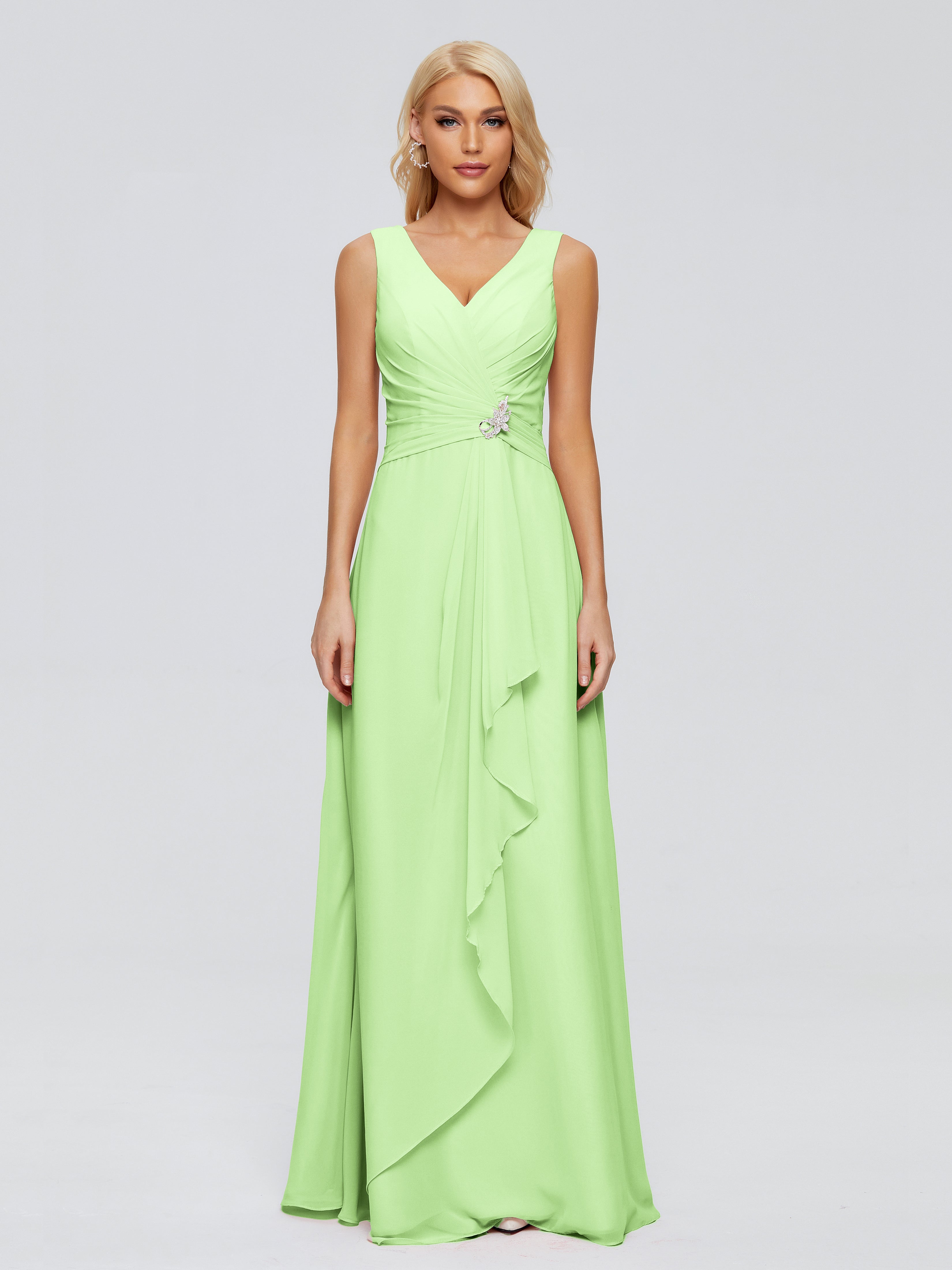 Robe Longue Demoiselle D Honneur Vert Sauge Fourreau Col V Sans Manche Mousseline Robes Demoiselle D'Honneur