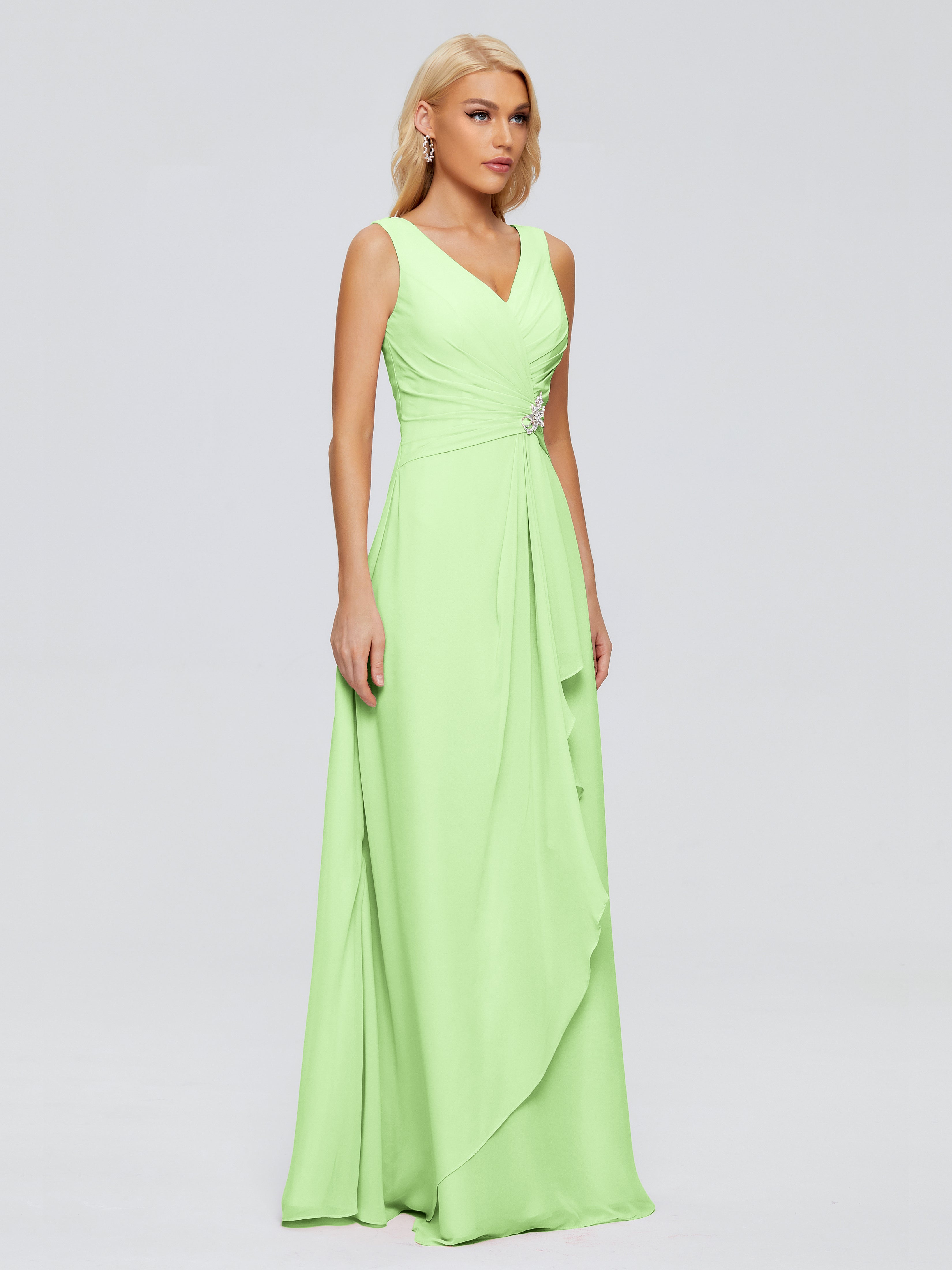 Robe Longue Demoiselle D Honneur Vert Sauge Fourreau Col V Sans Manche Mousseline Robes Demoiselle D'Honneur