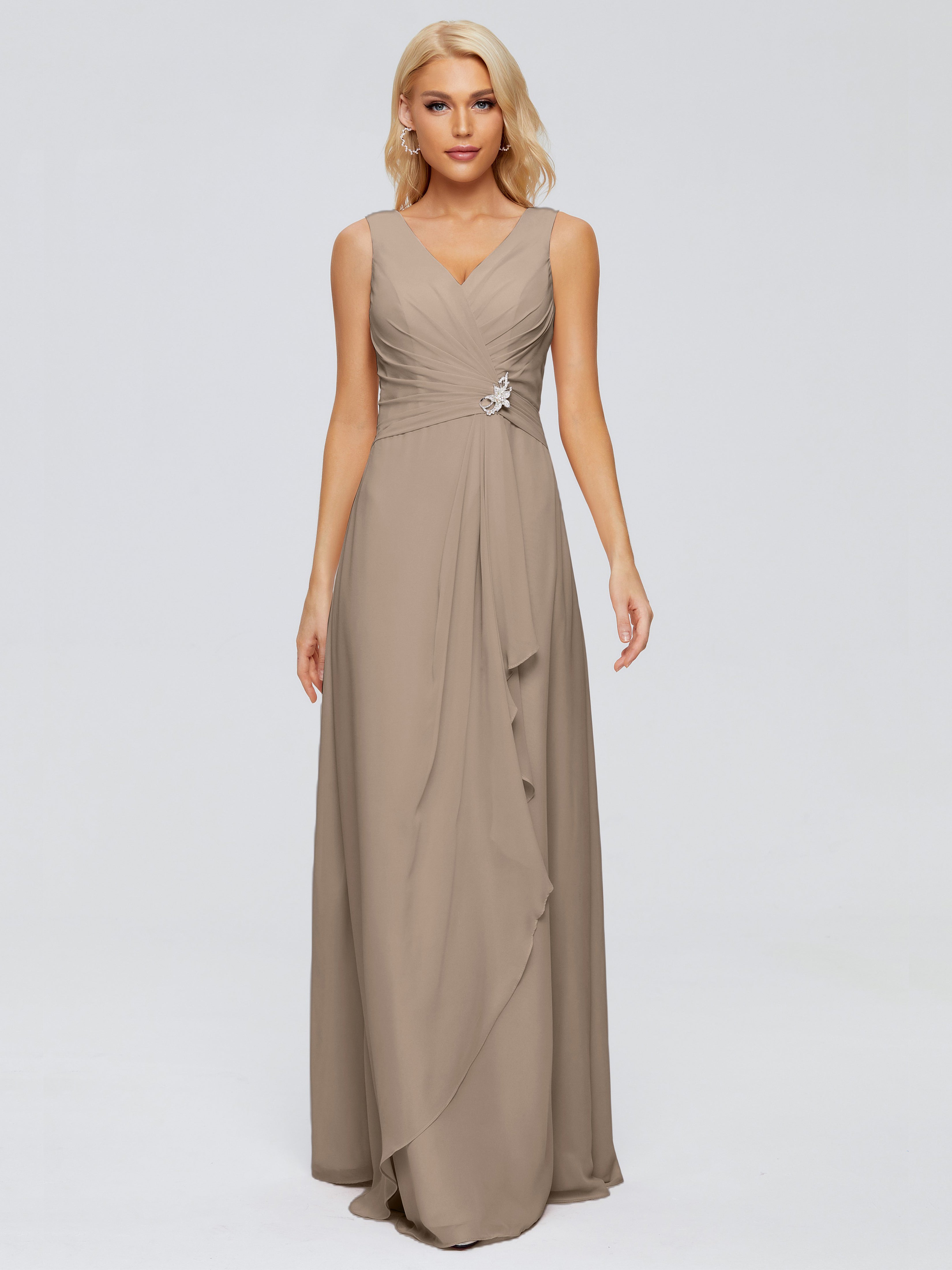 Robe Demoiselle D Honneur Taupe Fourreau Col V Sans Manche Mousseline Robes Demoiselle D'Honneur