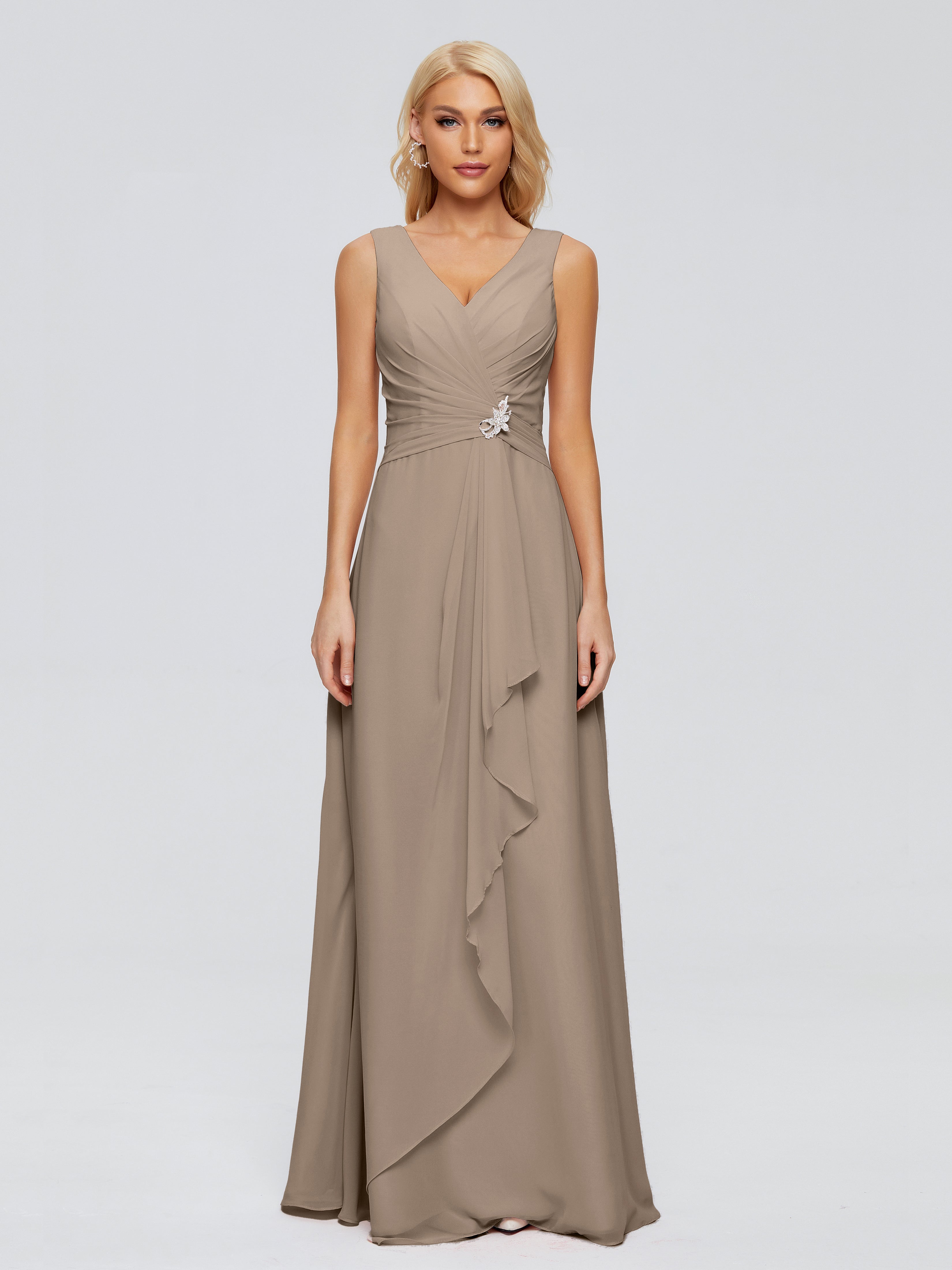 Robe Demoiselle D Honneur Taupe Fourreau Col V Sans Manche Mousseline Robes Demoiselle D'Honneur